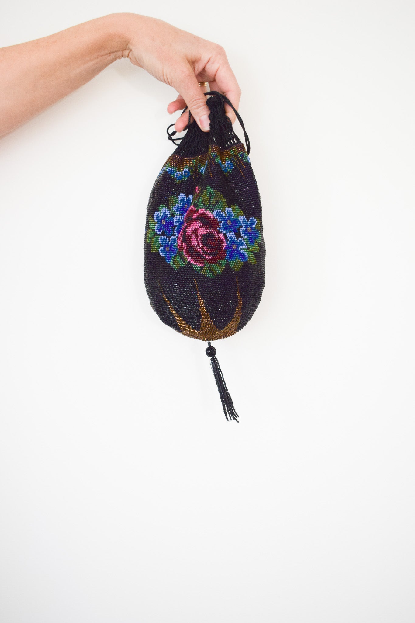 Antique Art Deco Beaded Drawstring Purse | Dark Floral