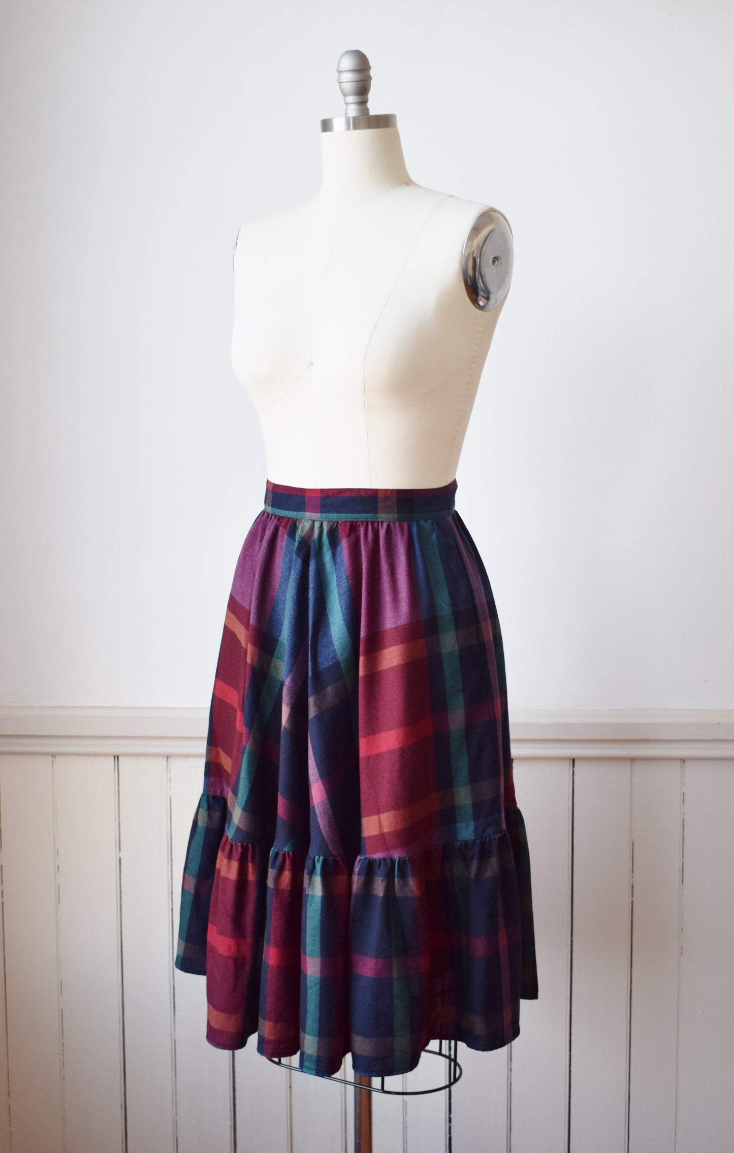 80s Liz Claiborne Madras Plaid Ruffle Skirt | XS