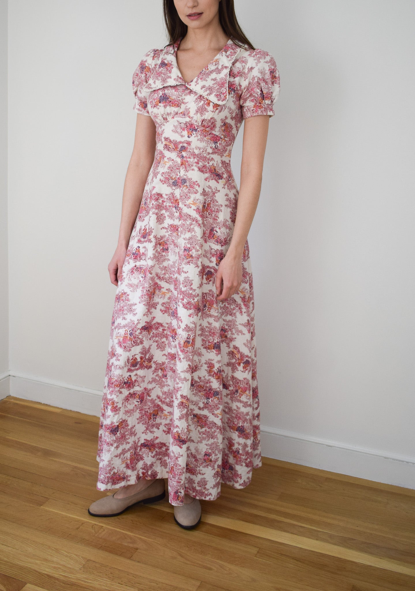 1970s Pastoral Print Maxi Dress | XS
