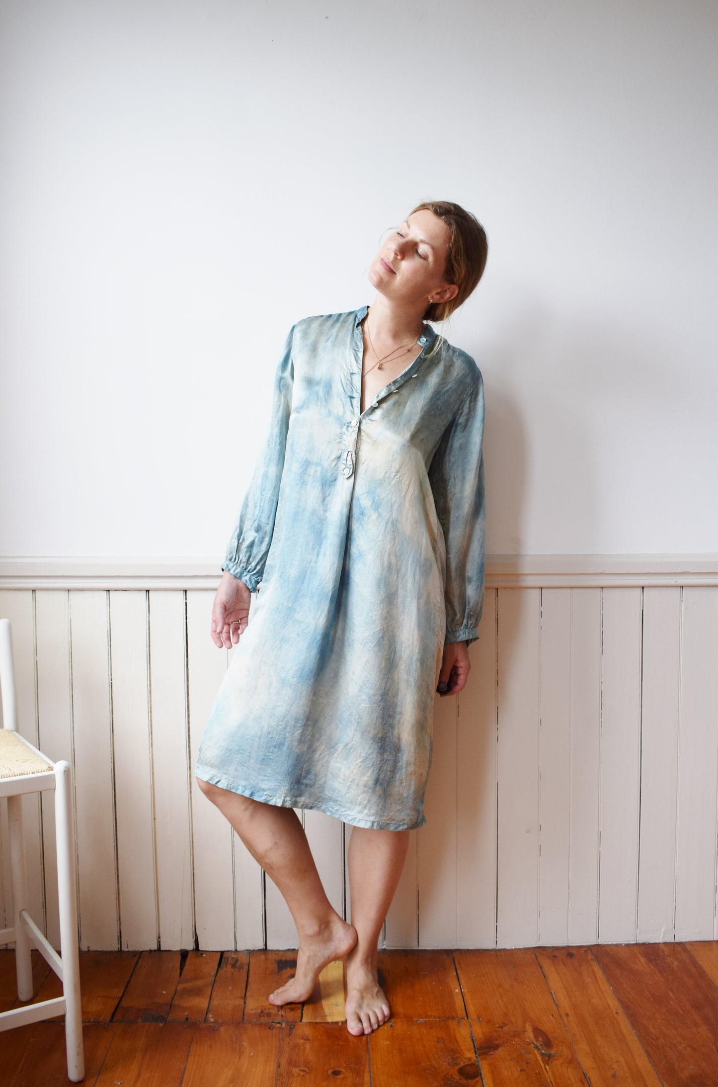 1970s Silk Tunic Dress Dip Dyed in Natural Indigo | S/M