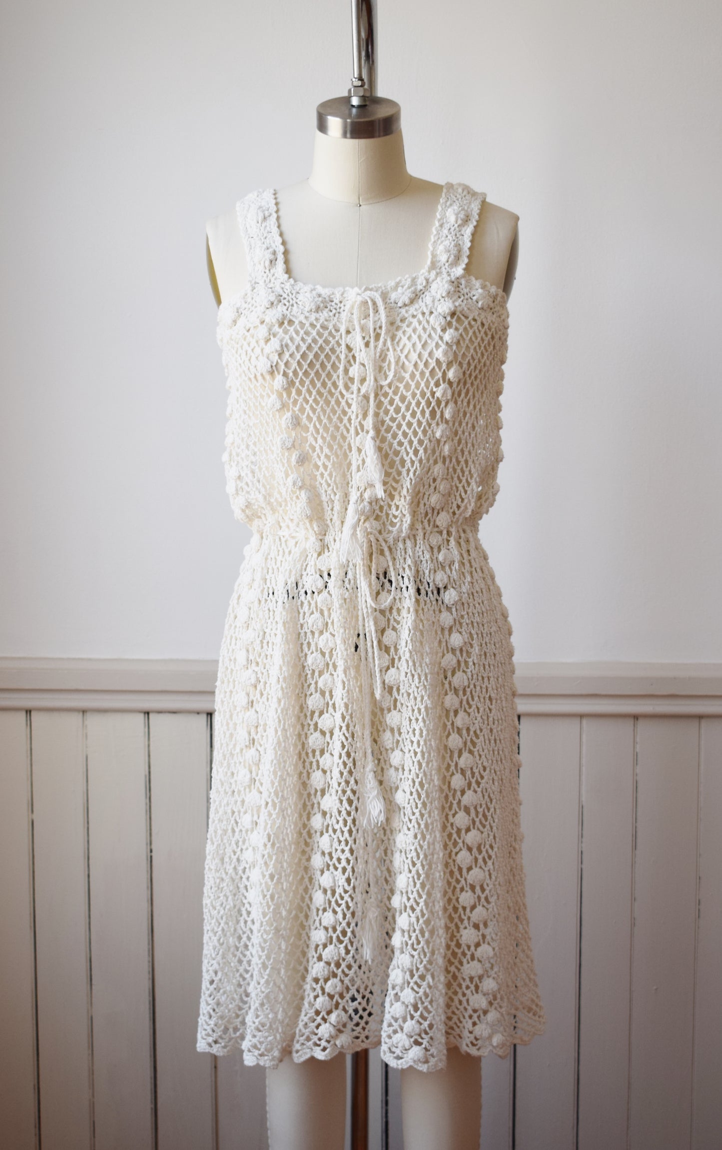 1970s Cotton Popcorn Crochet Dress | S/M
