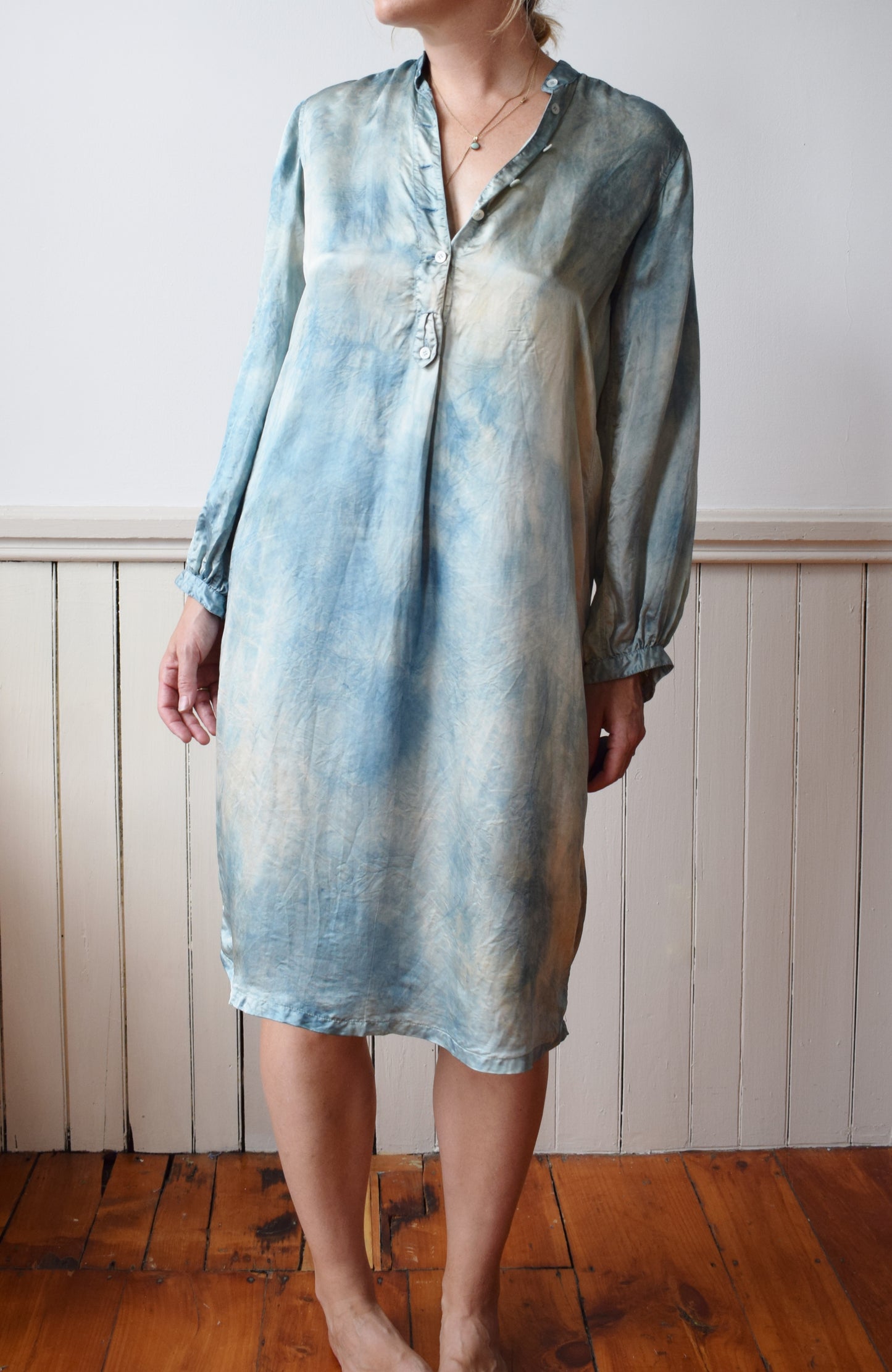 1970s Silk Tunic Dress Dip Dyed in Natural Indigo | S/M