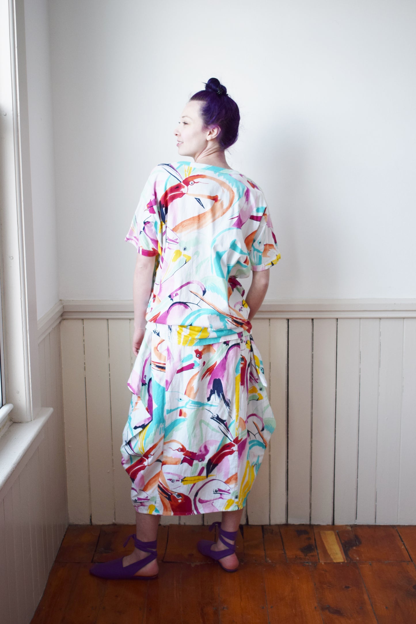 1980s Escada Tropical Bird Print Dress Set | M-L