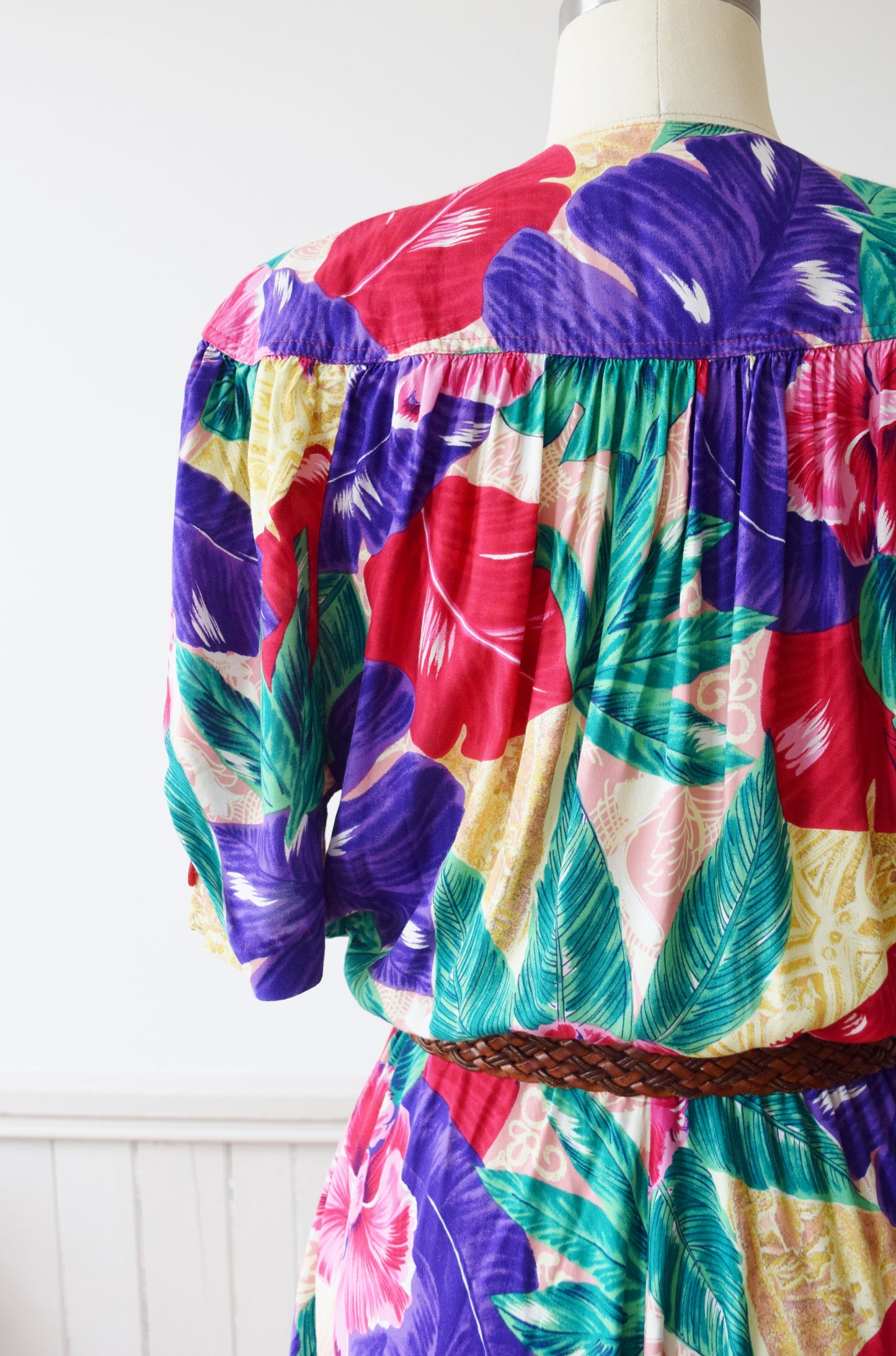 Vintage Tropical Rayon Day Dress | 1990s | M