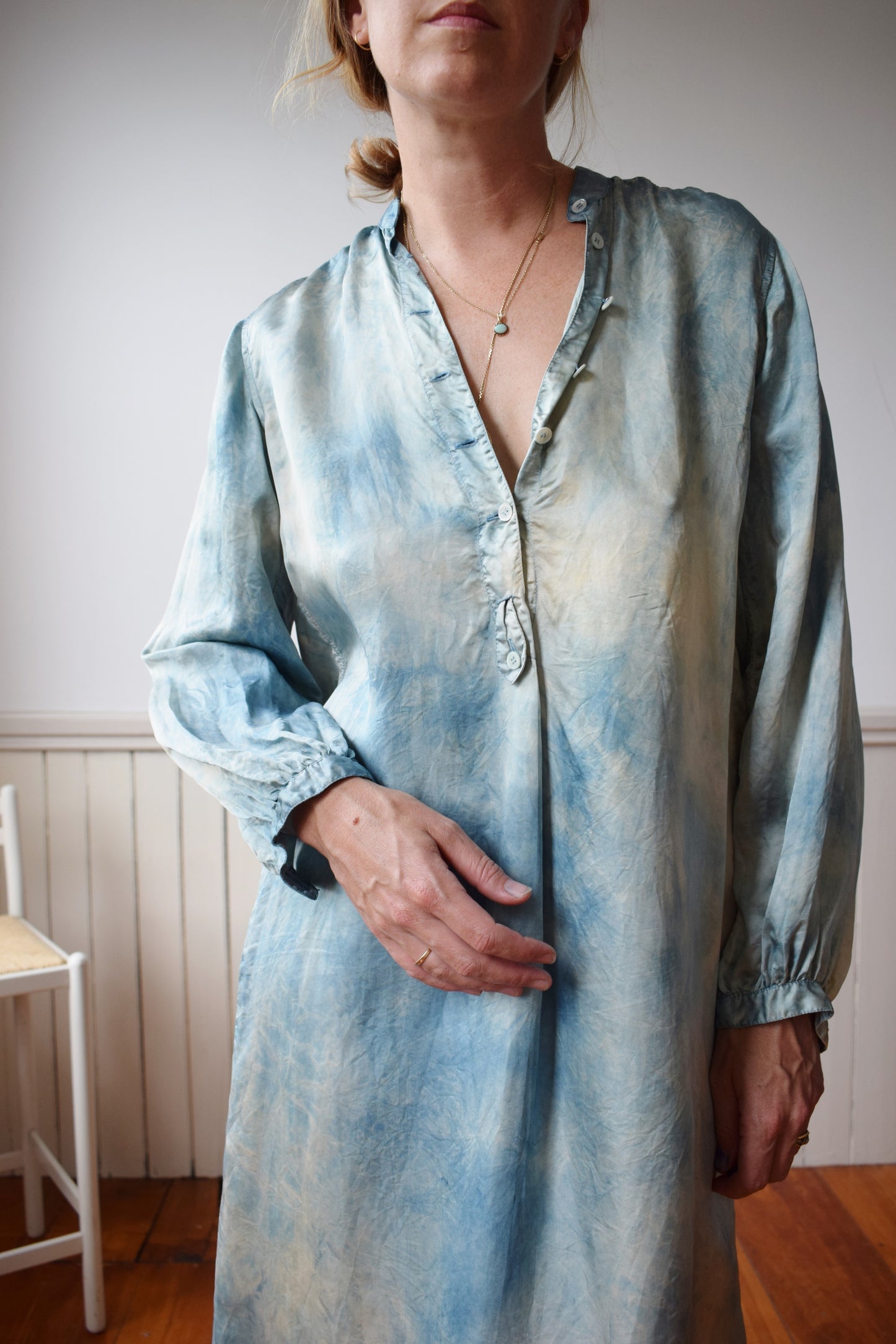 1970s Silk Tunic Dress Dip Dyed in Natural Indigo | S/M