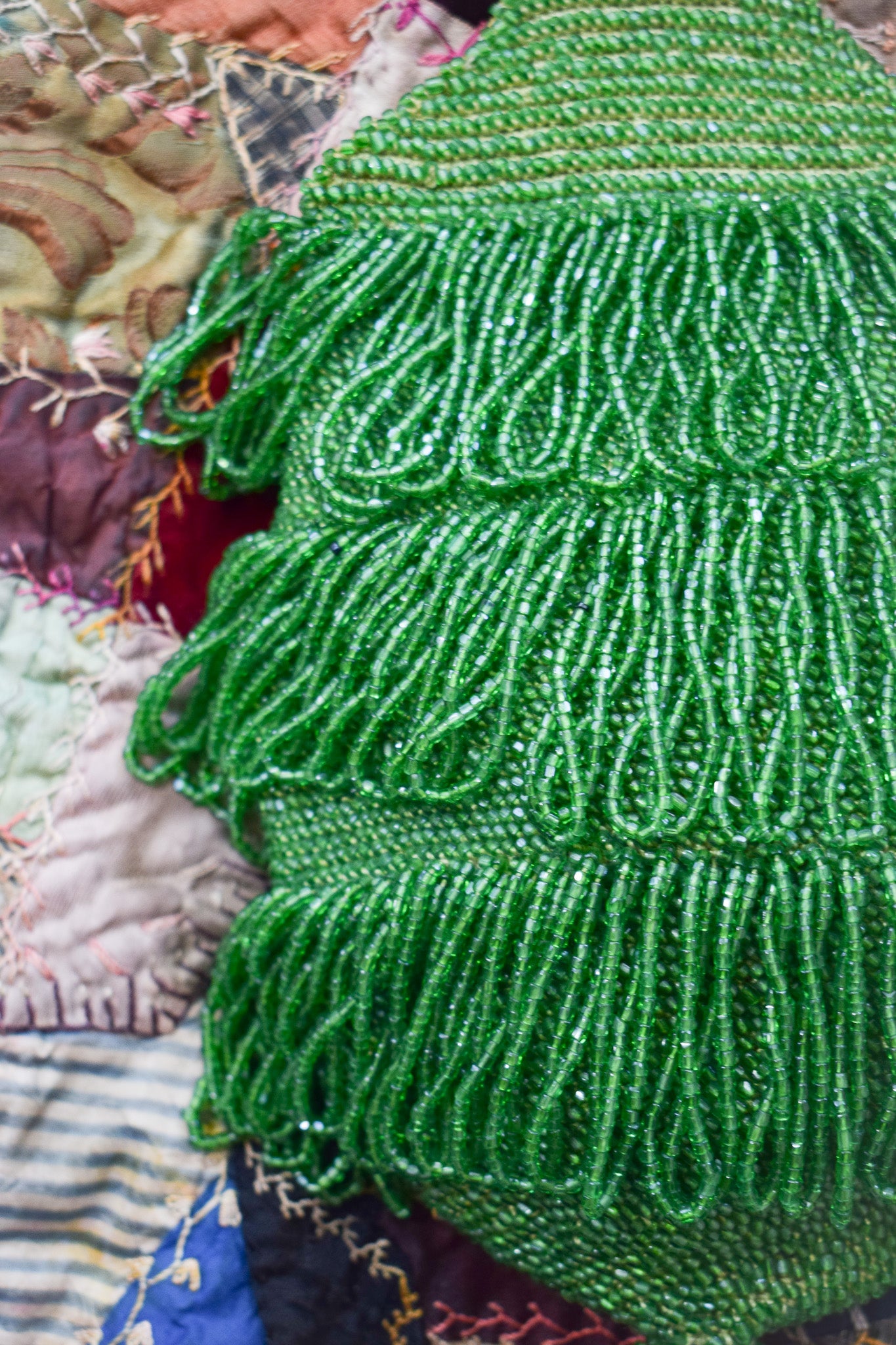 Antique Green Beaded Purse w Fringe and Tassel