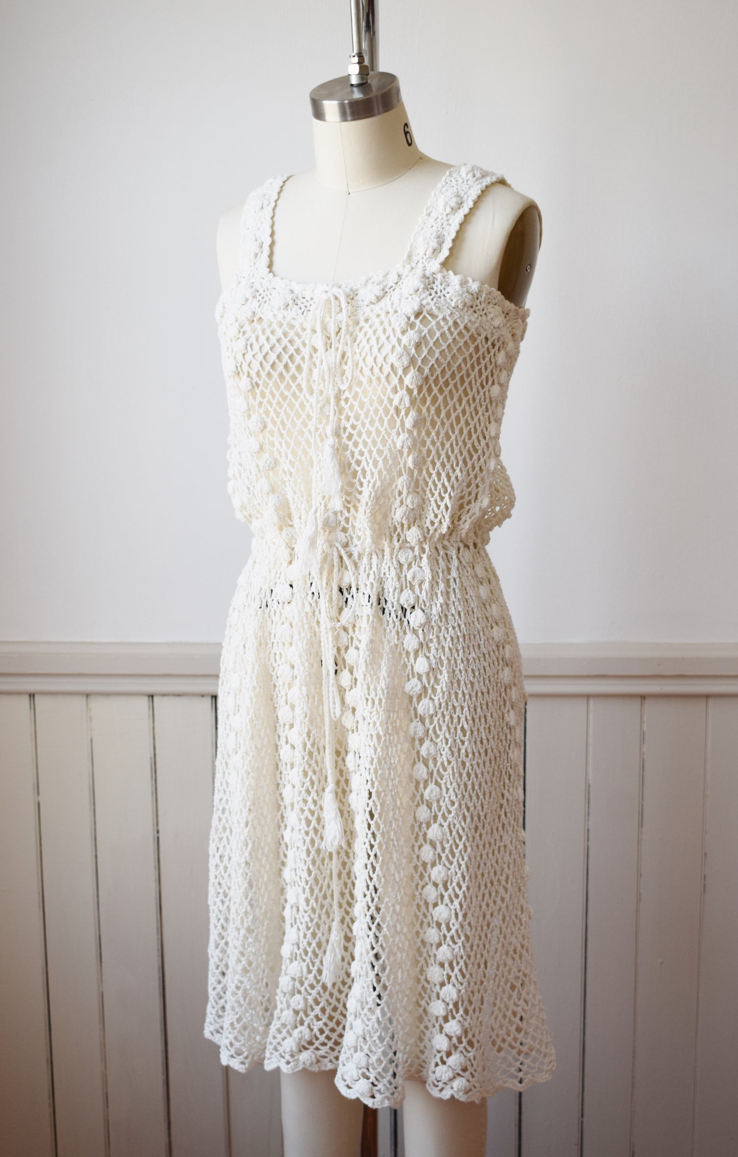 1970s Cotton Popcorn Crochet Dress | S/M