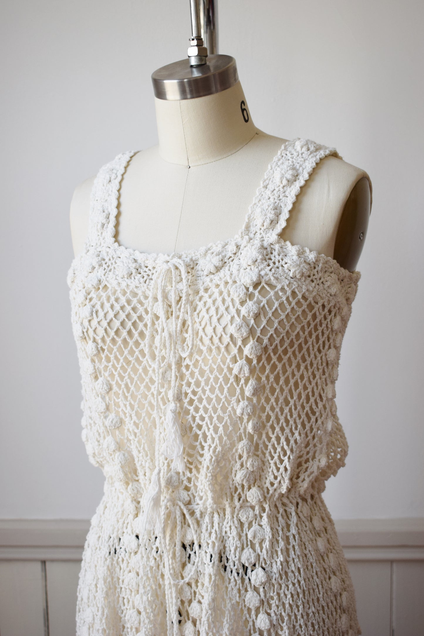 1970s Cotton Popcorn Crochet Dress | S/M