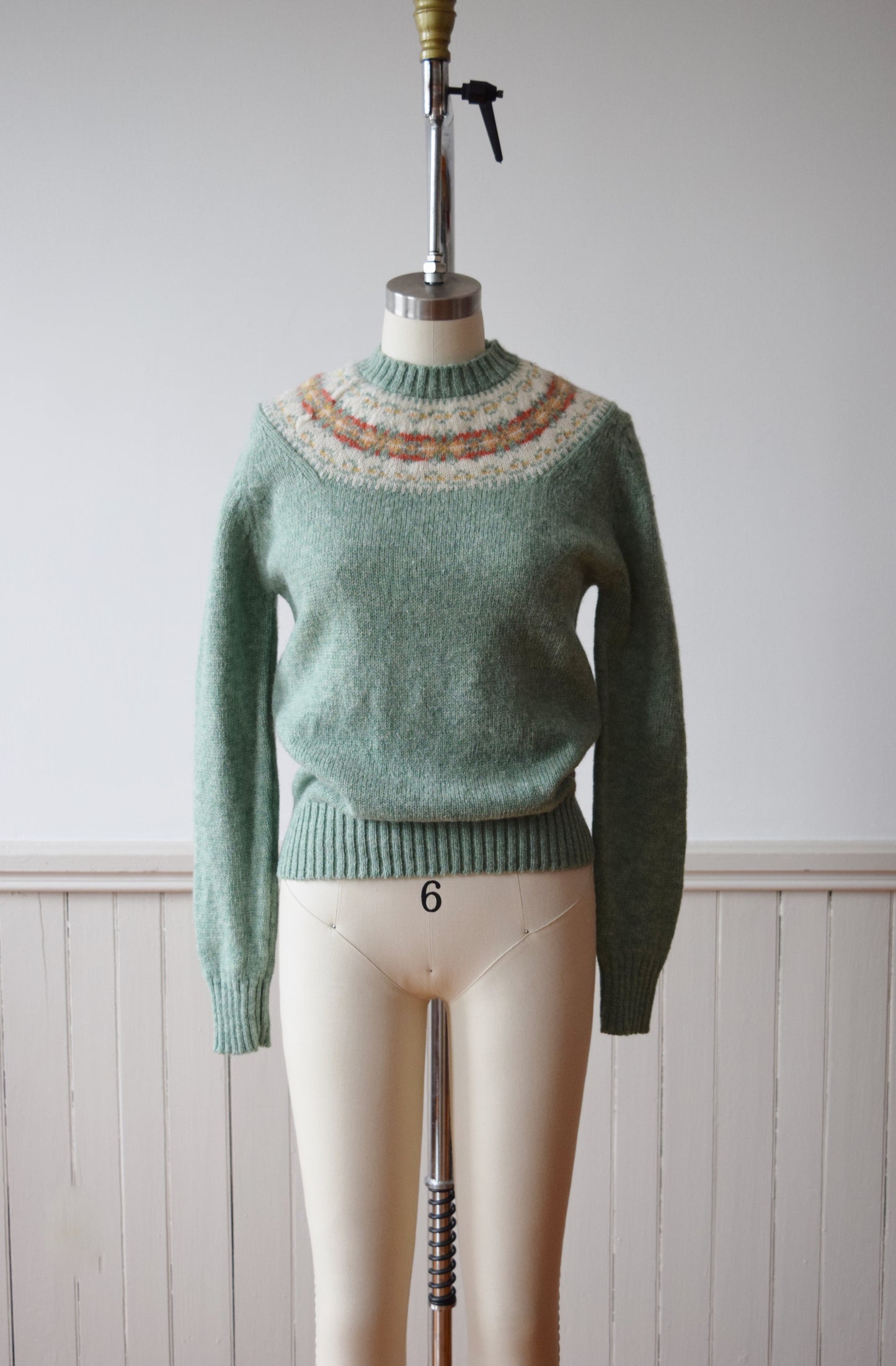 1970s Fair Isle Sage Green Pullover Sweater | S-S/M