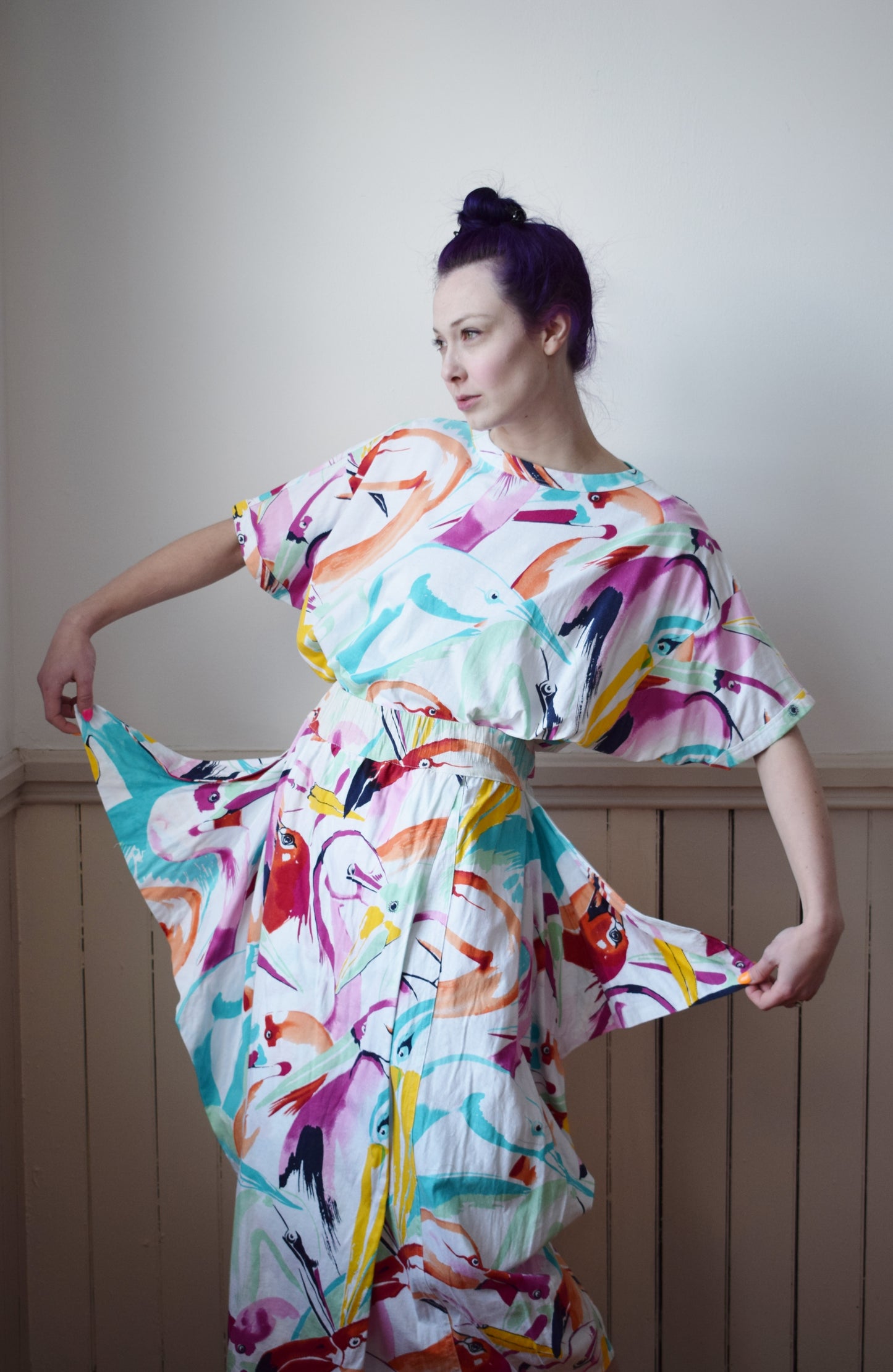1980s Escada Tropical Bird Print Dress Set | M-L
