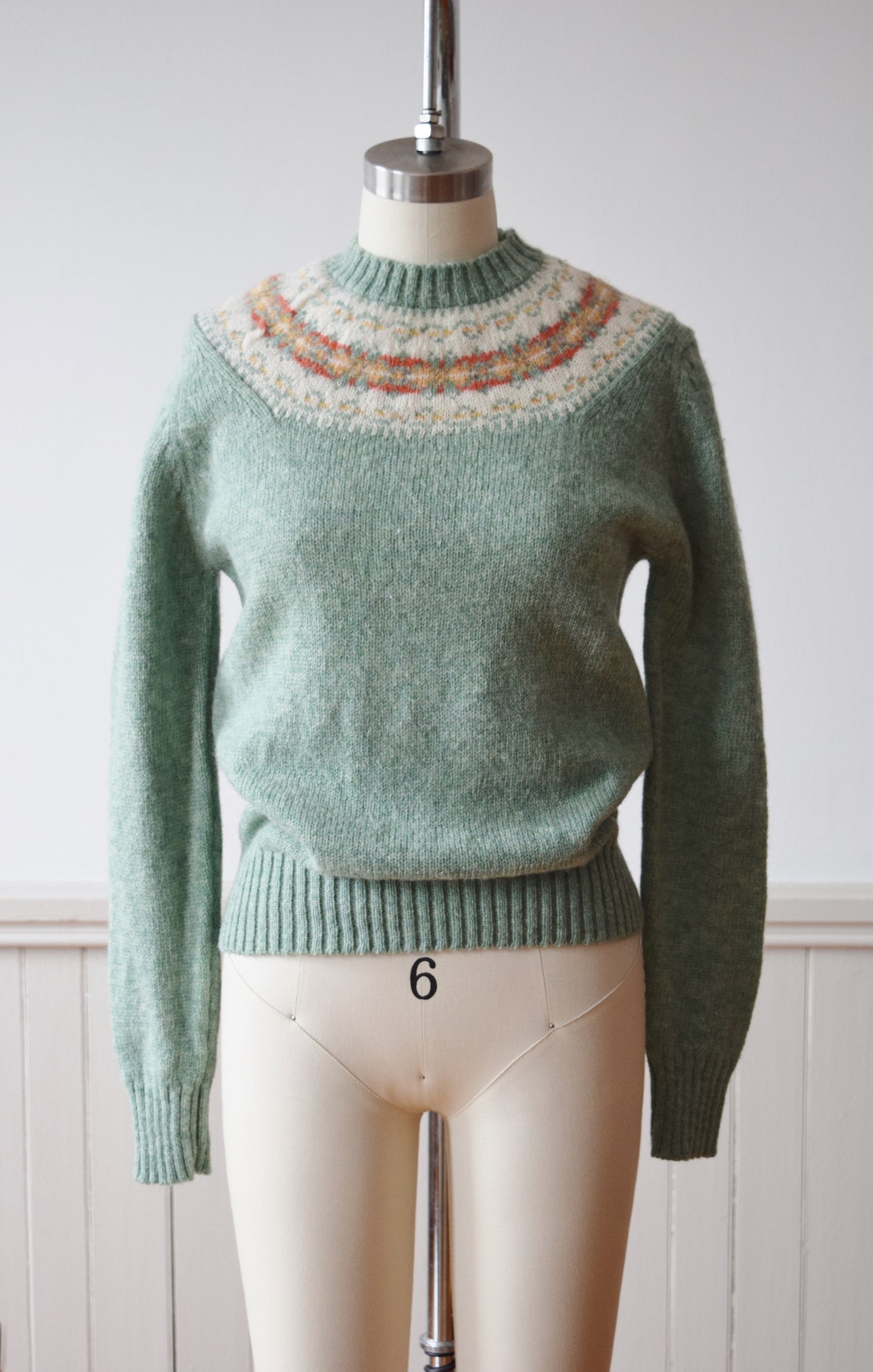 1970s Fair Isle Sage Green Pullover Sweater | S-S/M