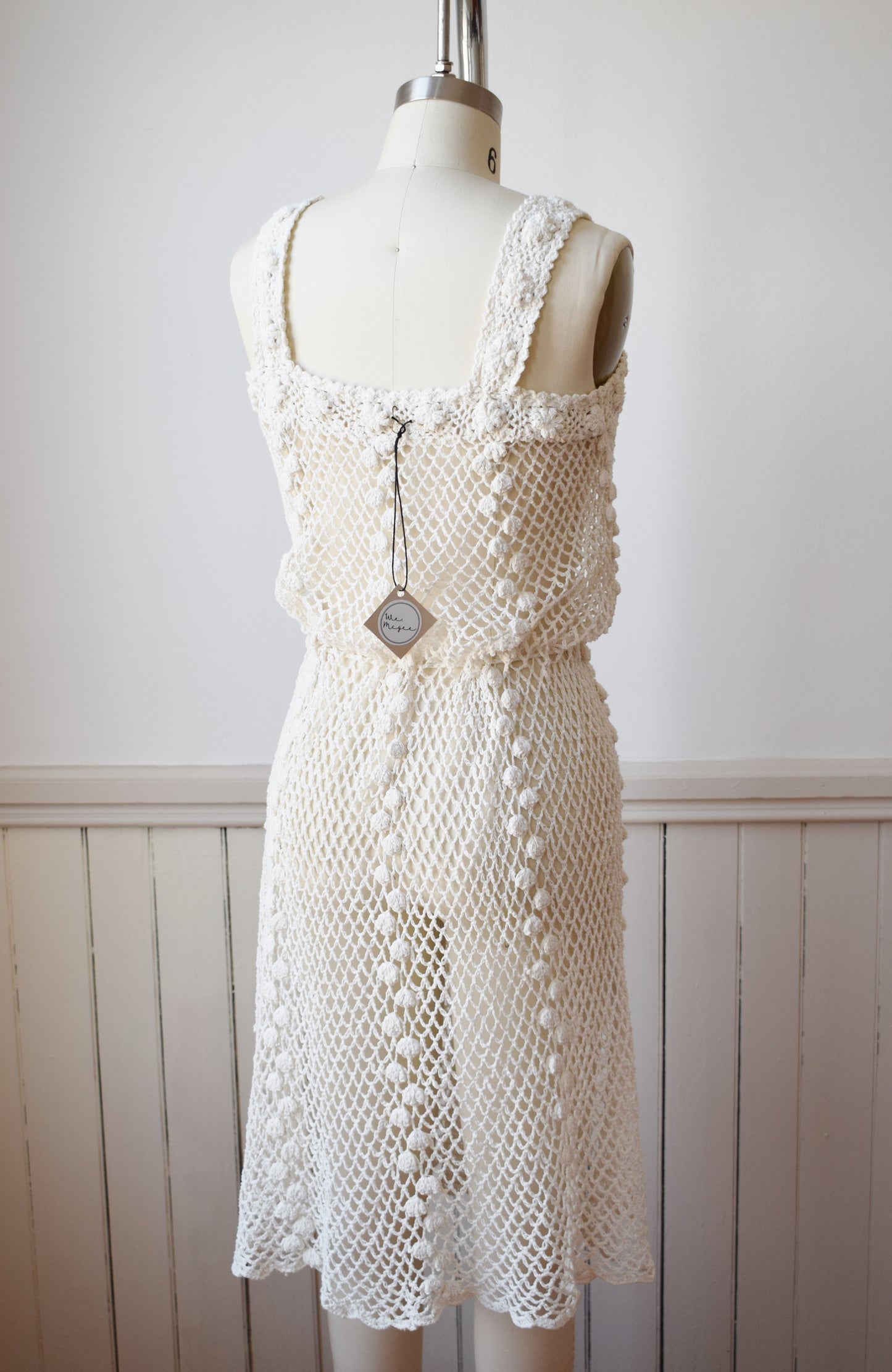 1970s Cotton Popcorn Crochet Dress | S/M