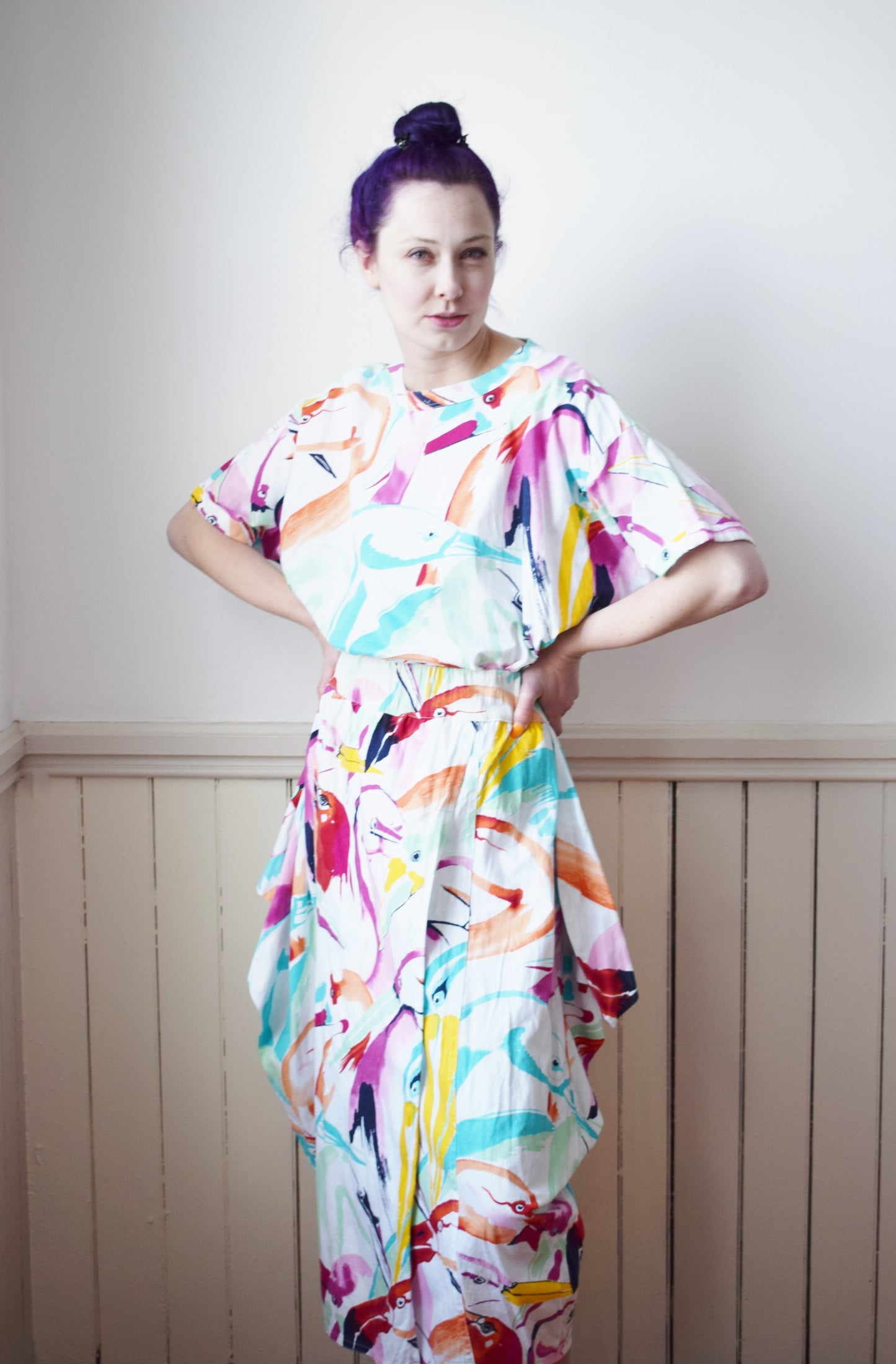 1980s Escada Tropical Bird Print Dress Set | M-L
