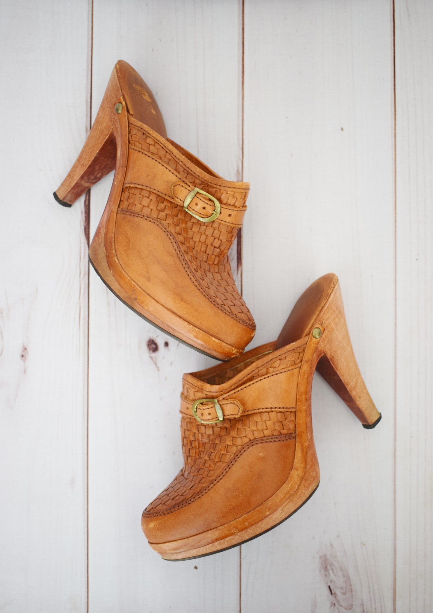 1970s High Heel Wood + Leather Clogs | US 8 1/2