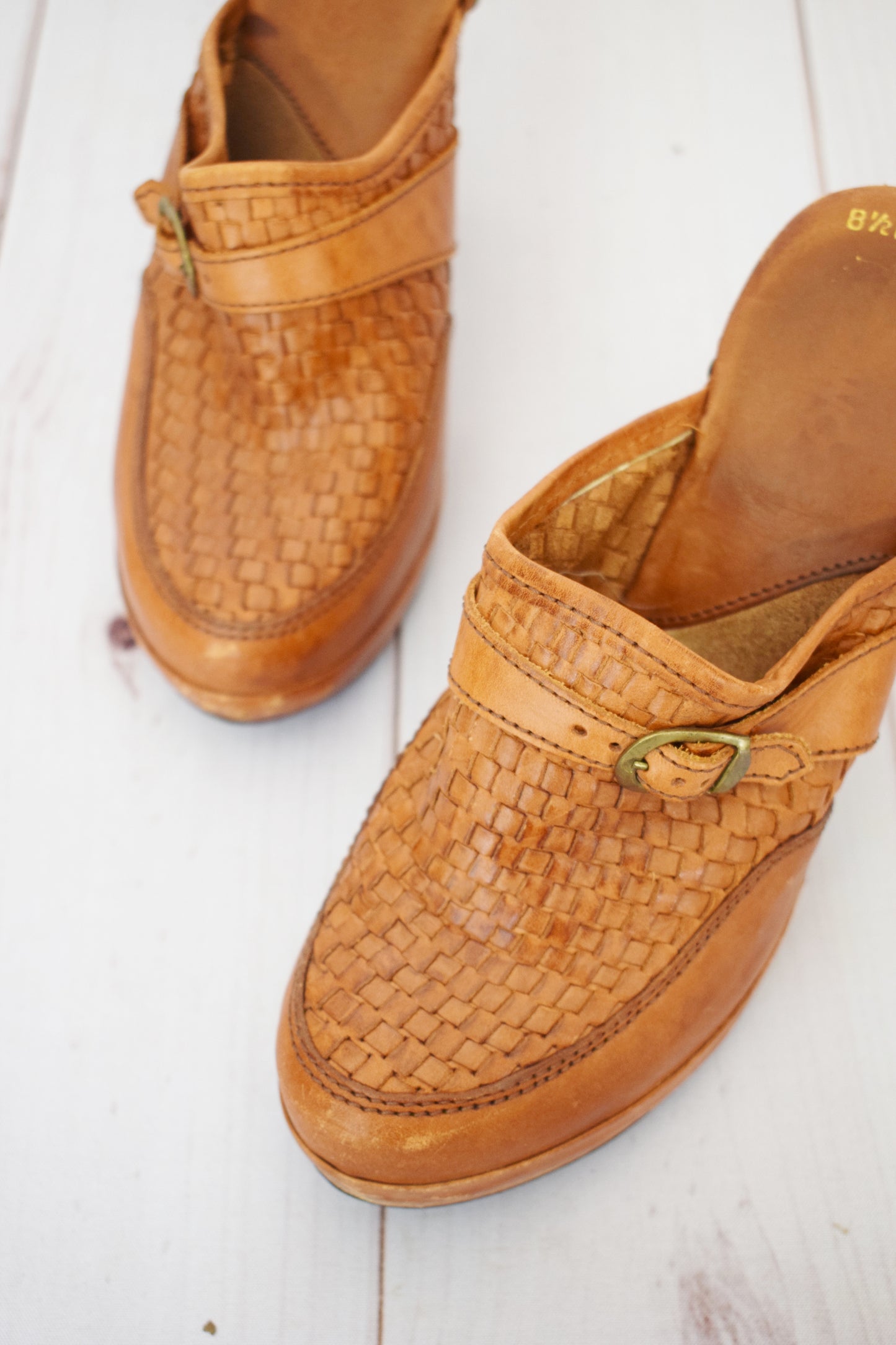 1970s High Heel Wood + Leather Clogs | US 8 1/2
