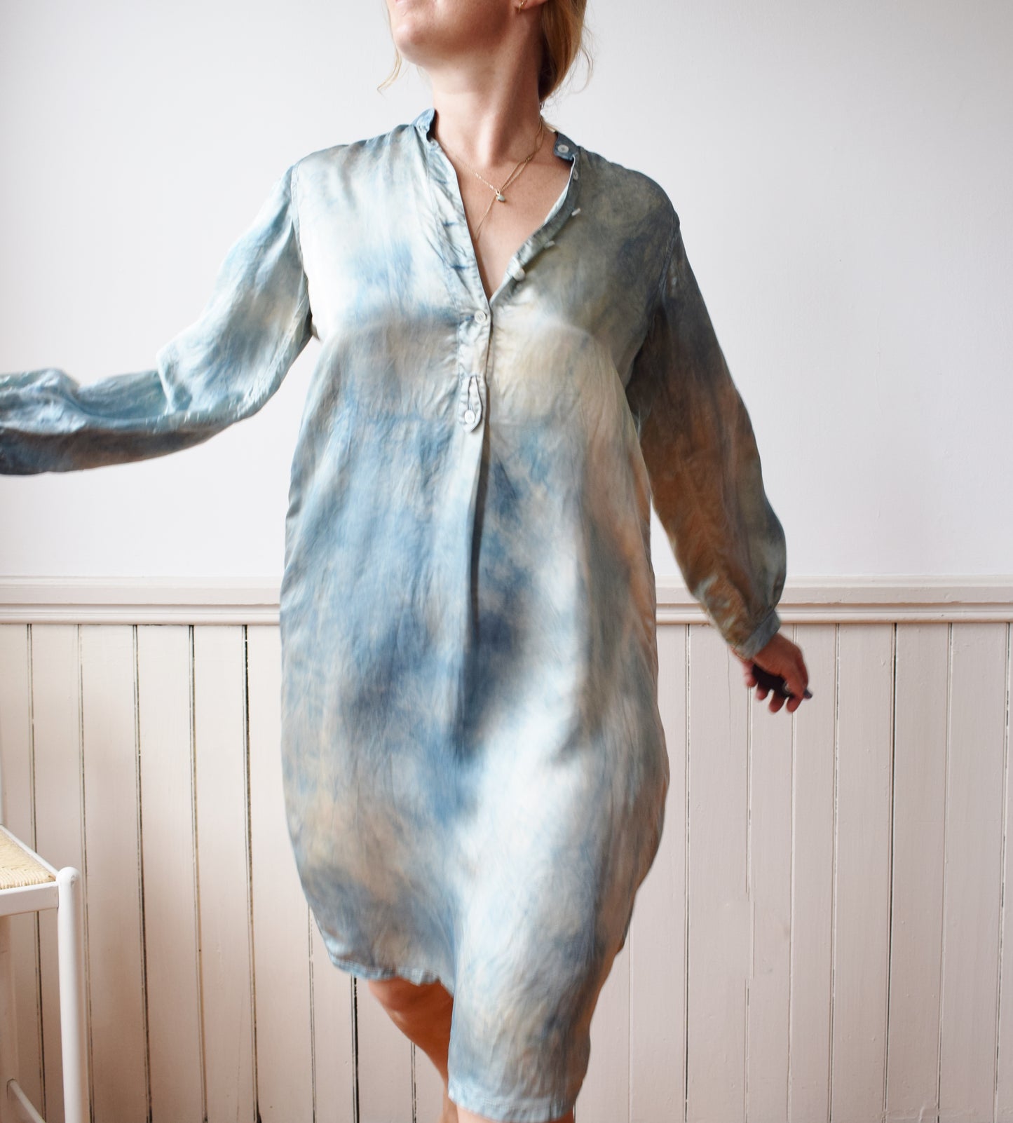 1970s Silk Tunic Dress Dip Dyed in Natural Indigo | S/M