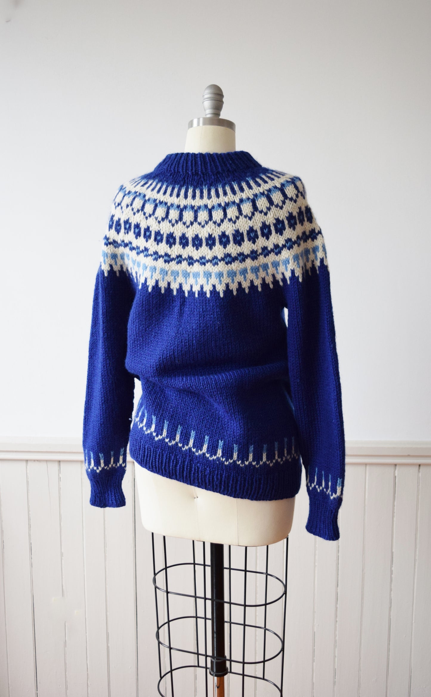 Chunky Blue Fair Isle Knit Sweater | 1980s Hand Knit Pullover | M