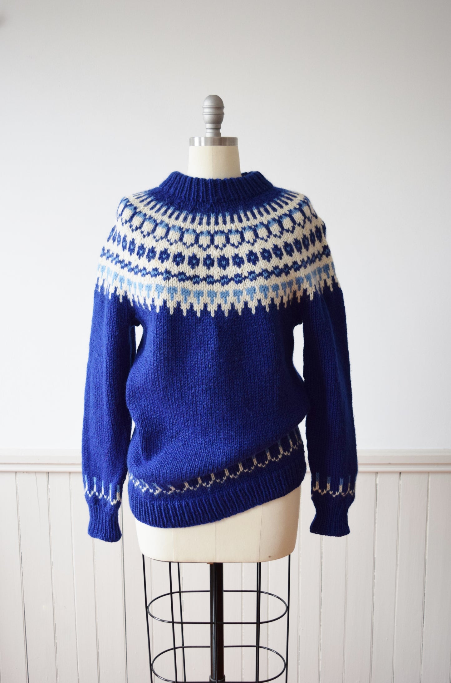 Chunky Blue Fair Isle Knit Sweater | 1980s Hand Knit Pullover | M
