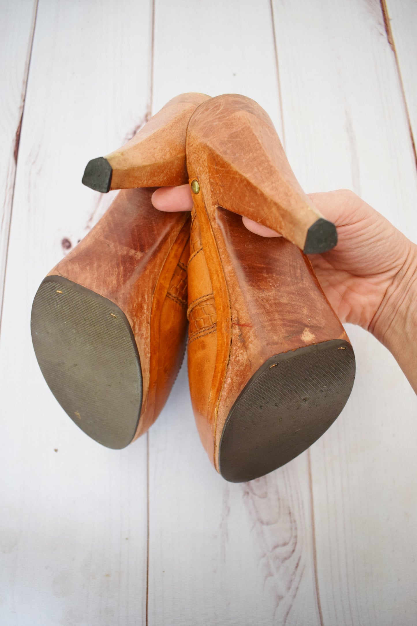 1970s High Heel Wood + Leather Clogs | US 8 1/2