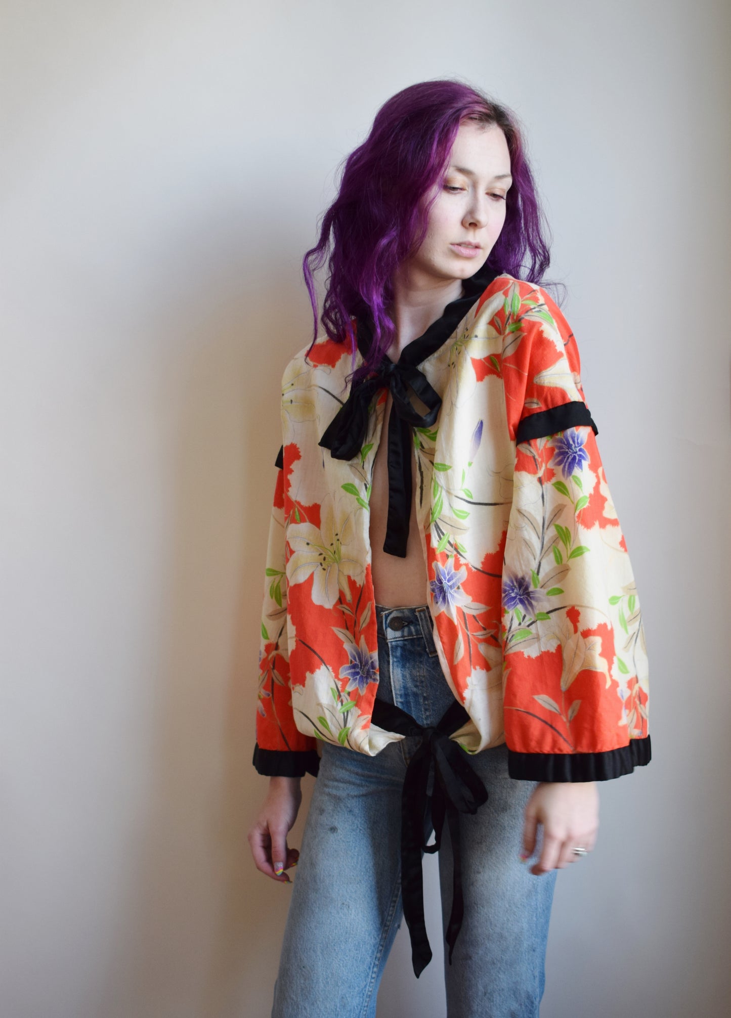 Antique 1920s Wool and Pongee Tie Top | OS