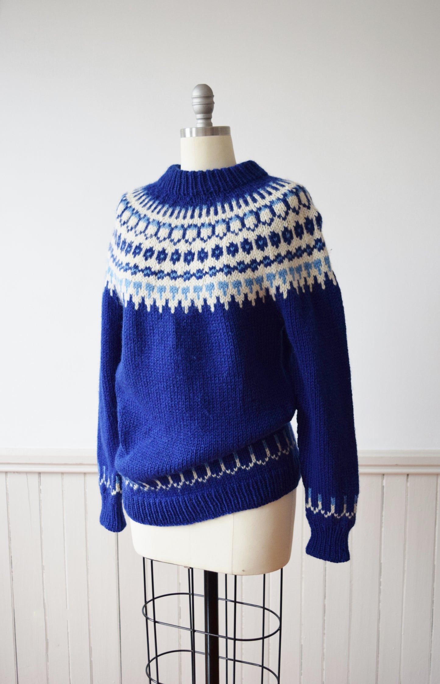 Chunky Blue Fair Isle Knit Sweater | 1980s Hand Knit Pullover | M