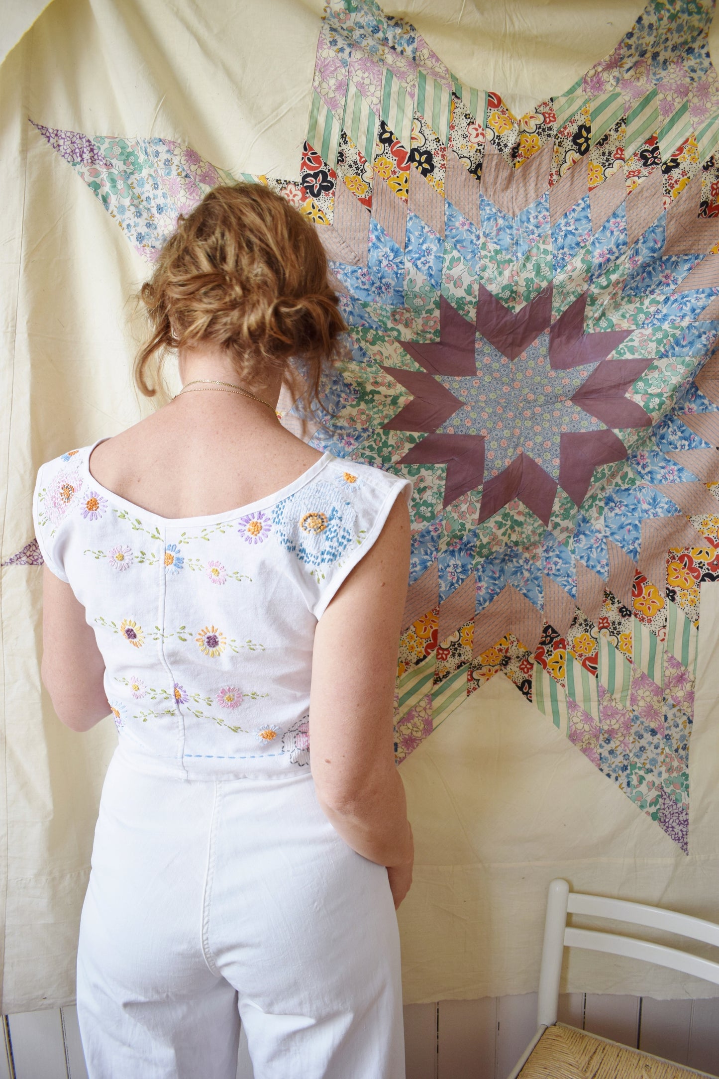 Vintage Embroidered Floral Bedspread Top | Embroidered Floral II | S