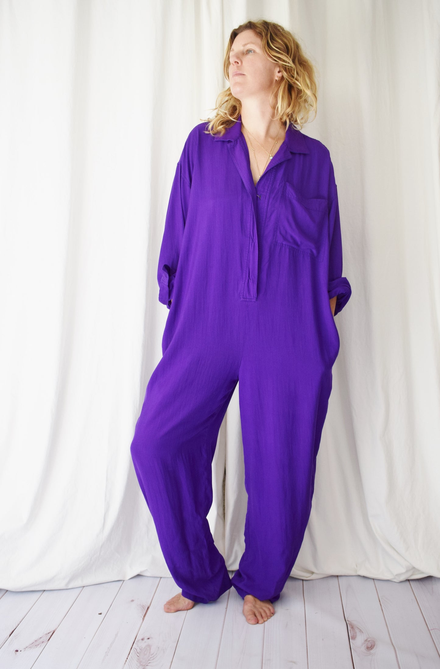 90s Donna Karan Royal Purple Silk Jumpsuit | L