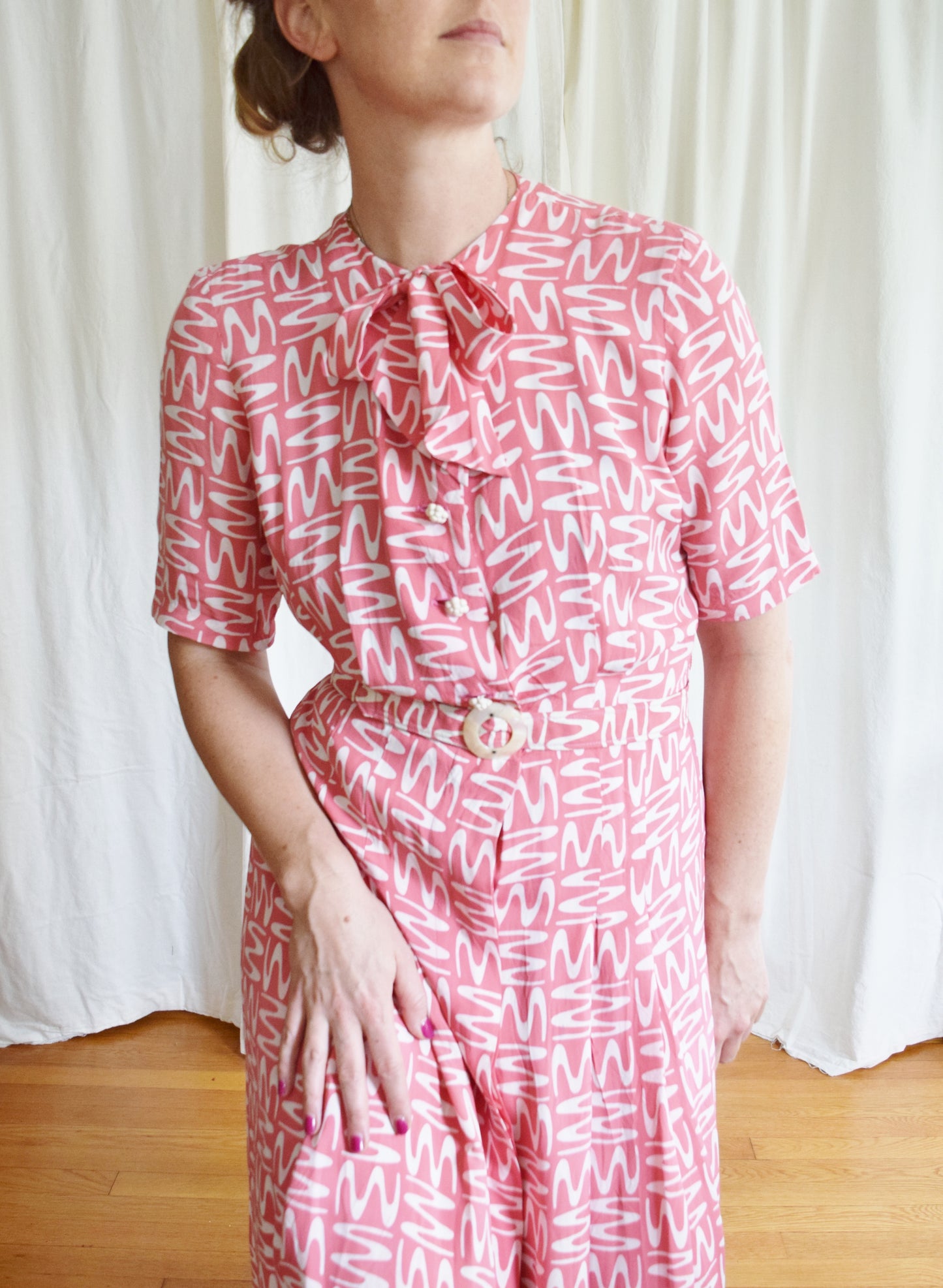 1940s Cold Rayon Novelty Print Day Dress | Pink Squiggle Dress | Button Front