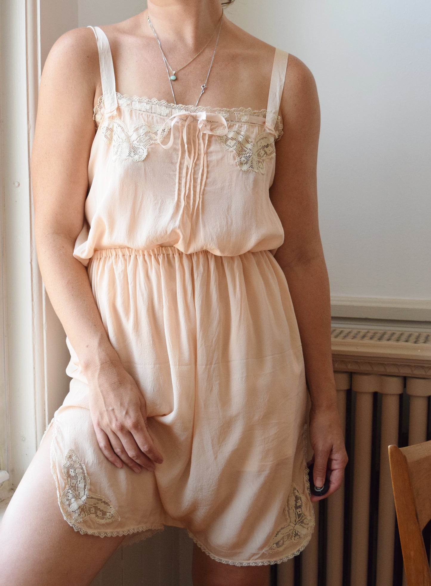 1920s Blush Silk Step-in and Tap Pants Set with Crochet Butterfly Insets