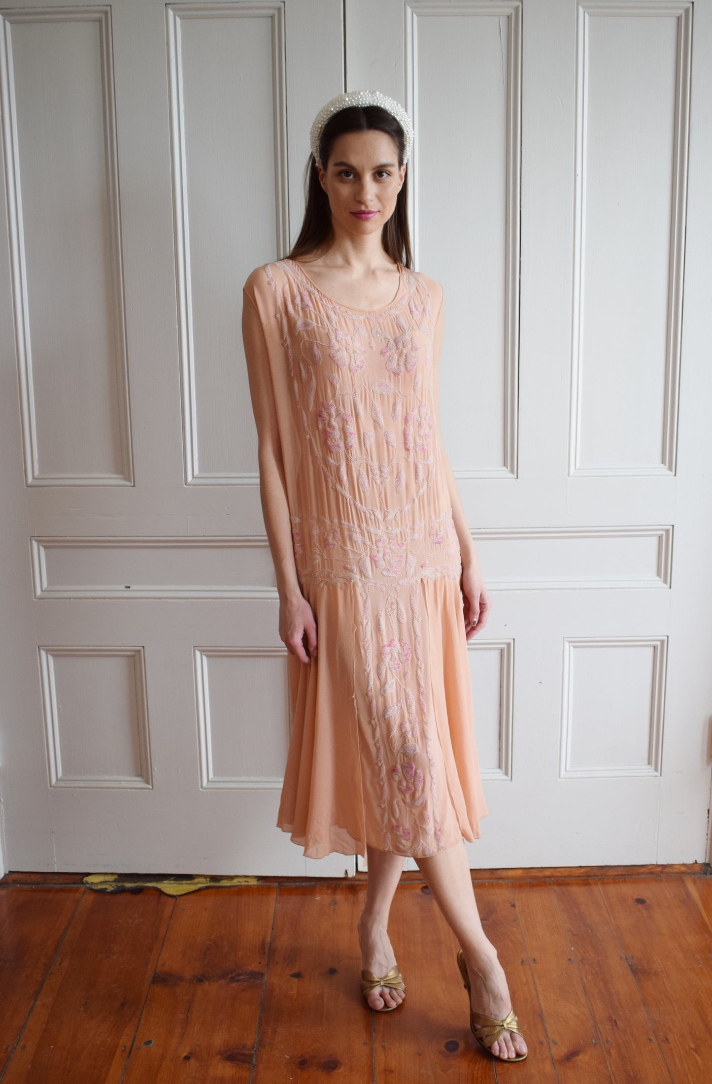 1920s Ballet Pink Beaded Silk Gown | S/M