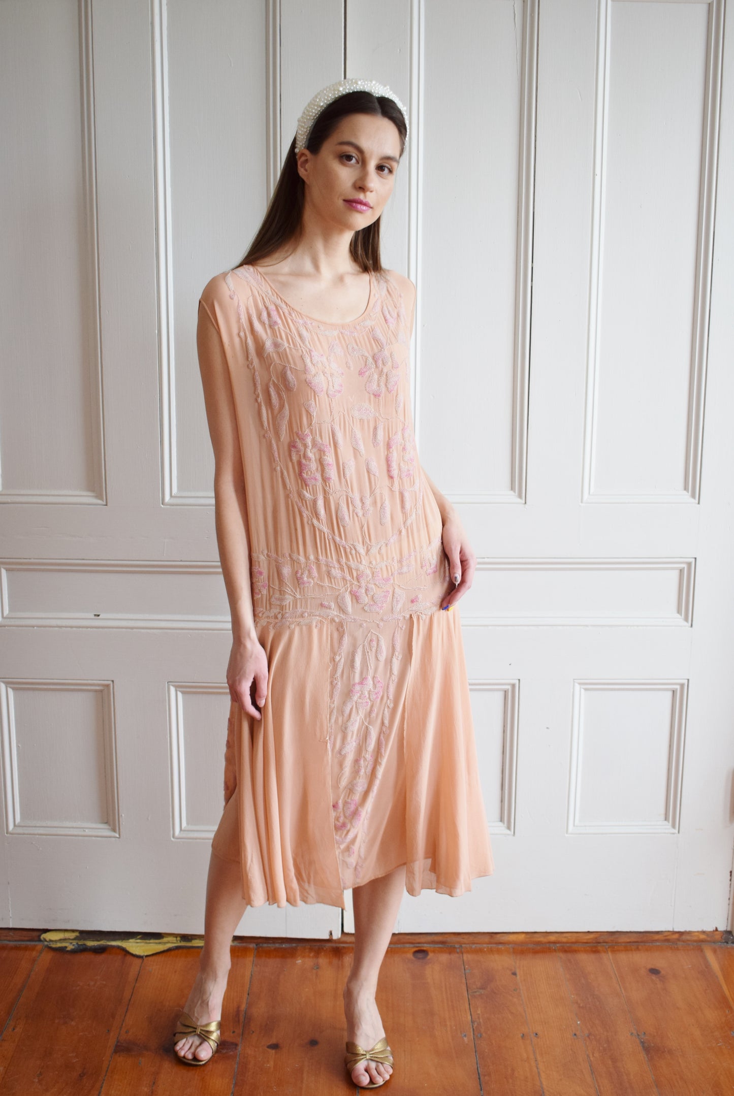 1920s Ballet Pink Beaded Silk Gown | S/M