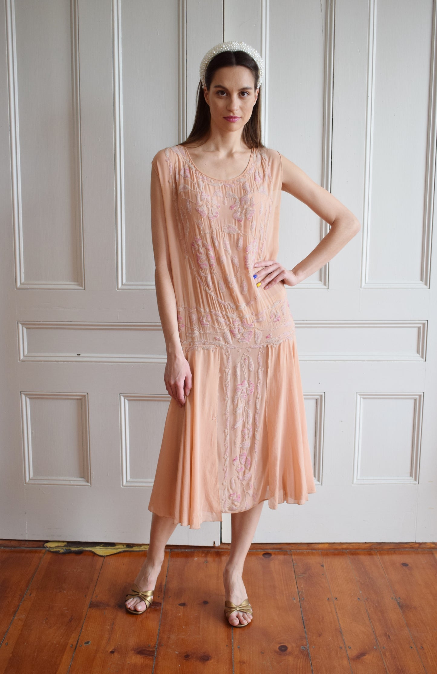 1920s Ballet Pink Beaded Silk Gown | S/M