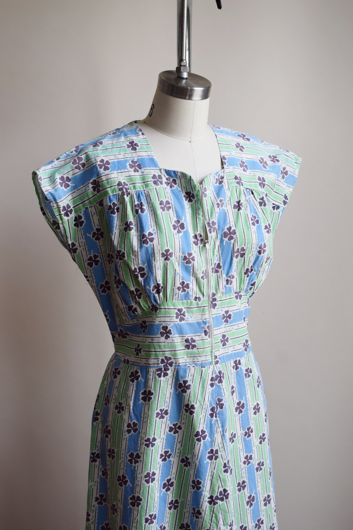 1940s Lucky Clover House Dress | Blue/Green | S/M