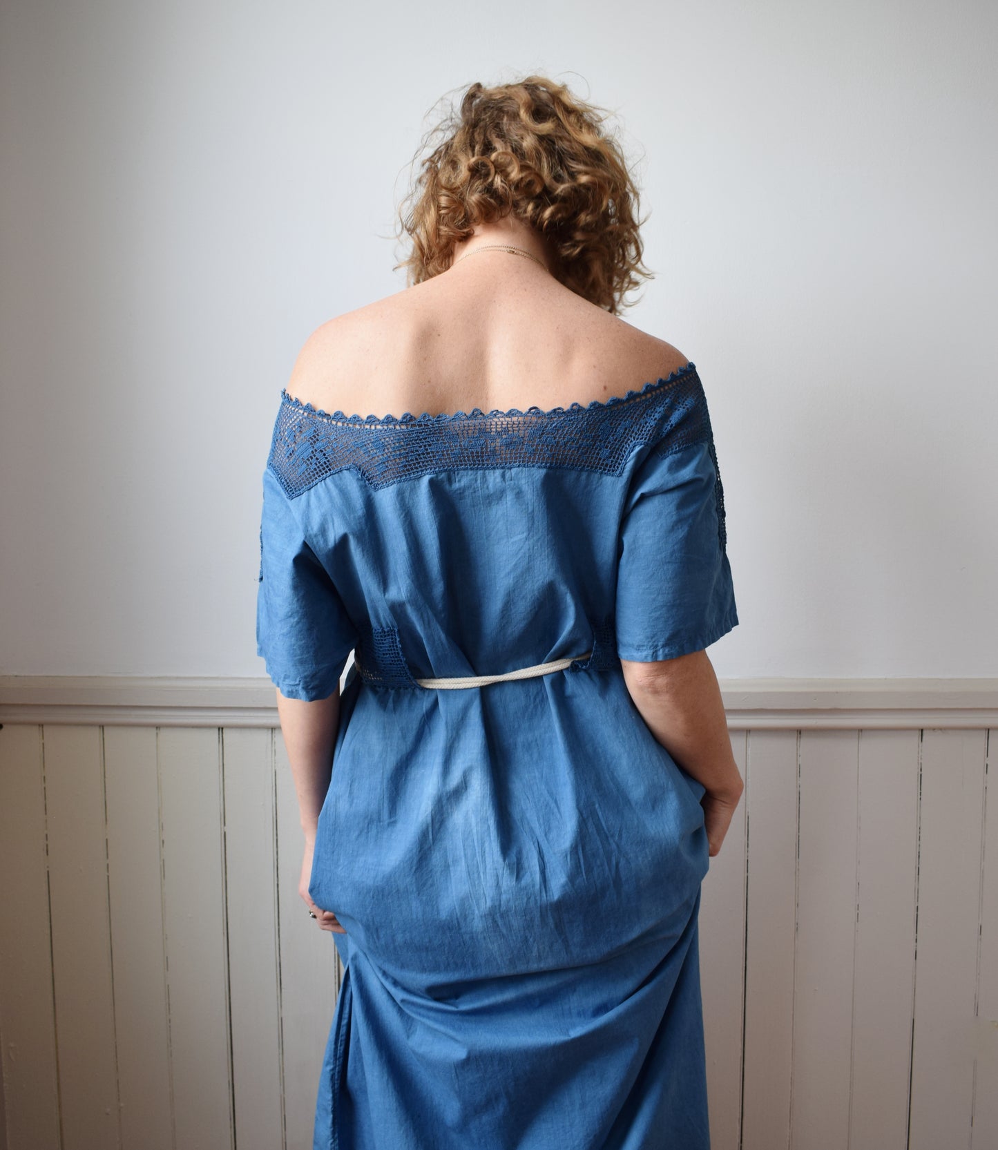 Indigo Dyed Antique Cotton and Crochet Dress | L/XL