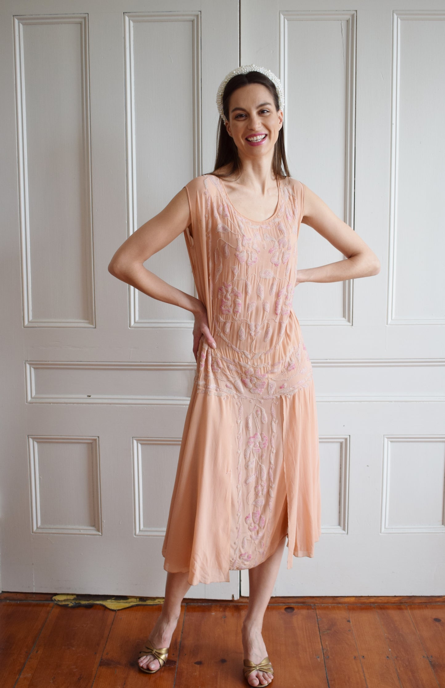1920s Ballet Pink Beaded Silk Gown | S/M