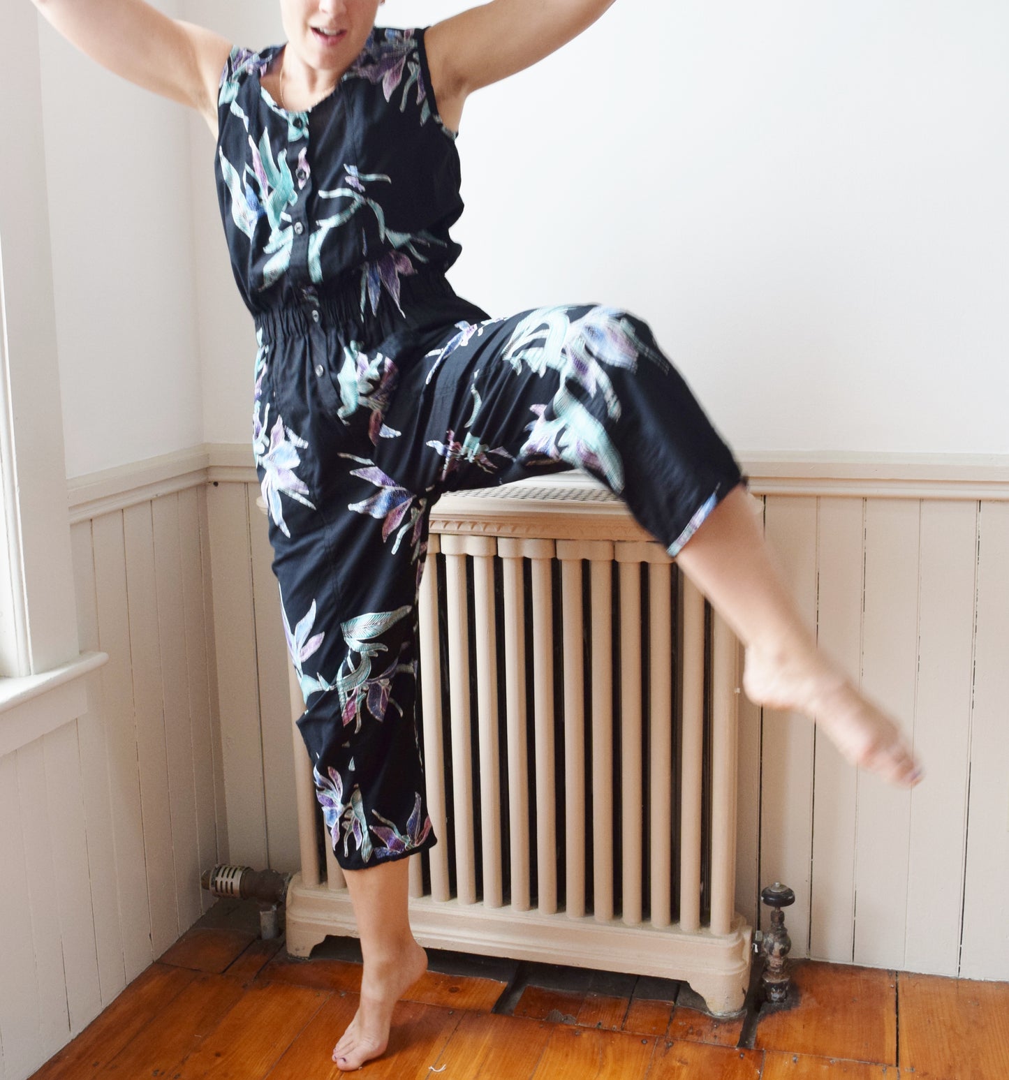1980s Cotton Batik Jumpsuit | Dark Floral Print | M-L