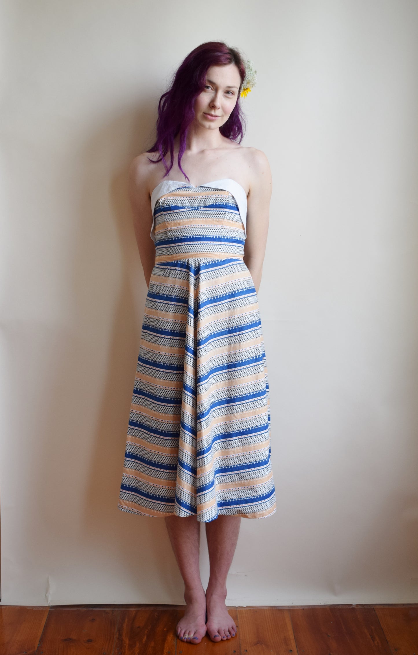 1940s Strapless Striped Cotton Dress | XS