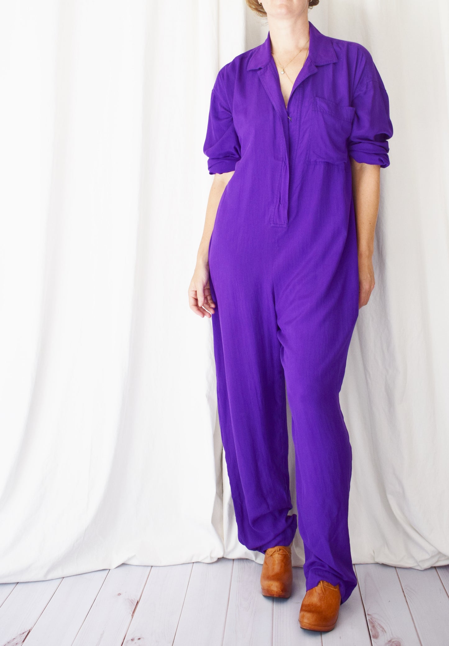90s Donna Karan Royal Purple Silk Jumpsuit | L