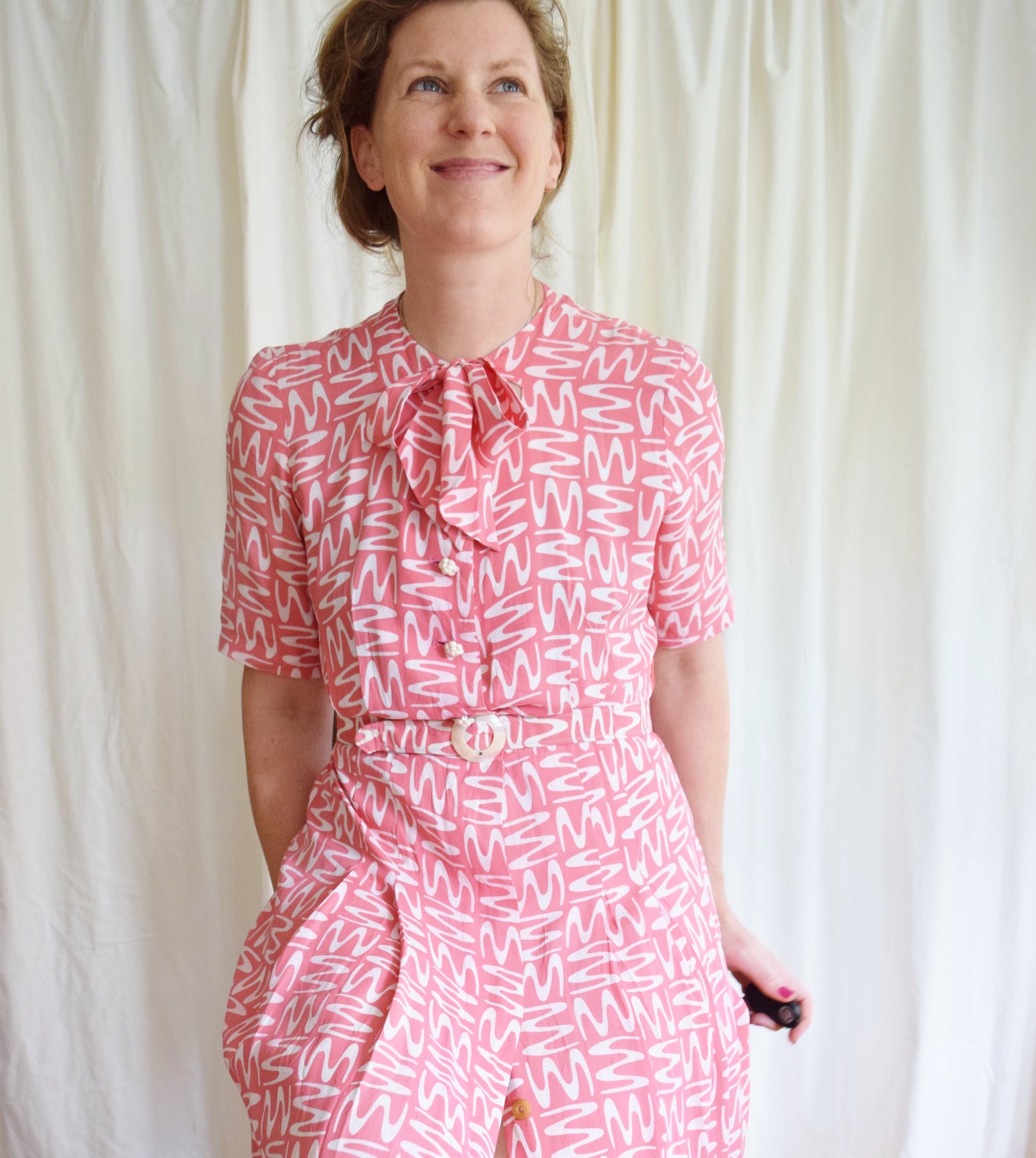 1940s Cold Rayon Novelty Print Day Dress | Pink Squiggle Dress | Button Front