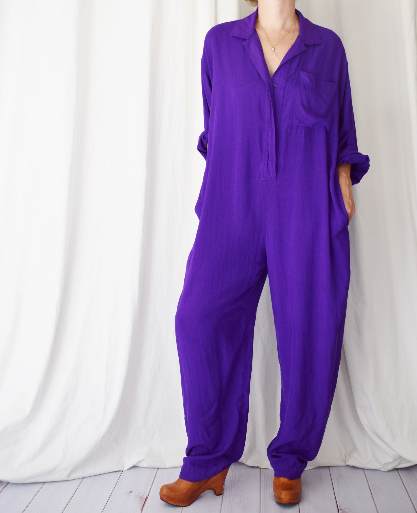 90s Donna Karan Royal Purple Silk Jumpsuit | L