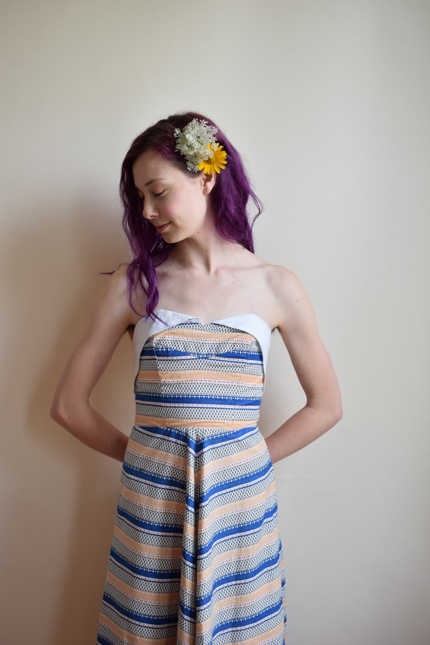 1940s Strapless Striped Cotton Dress | XS