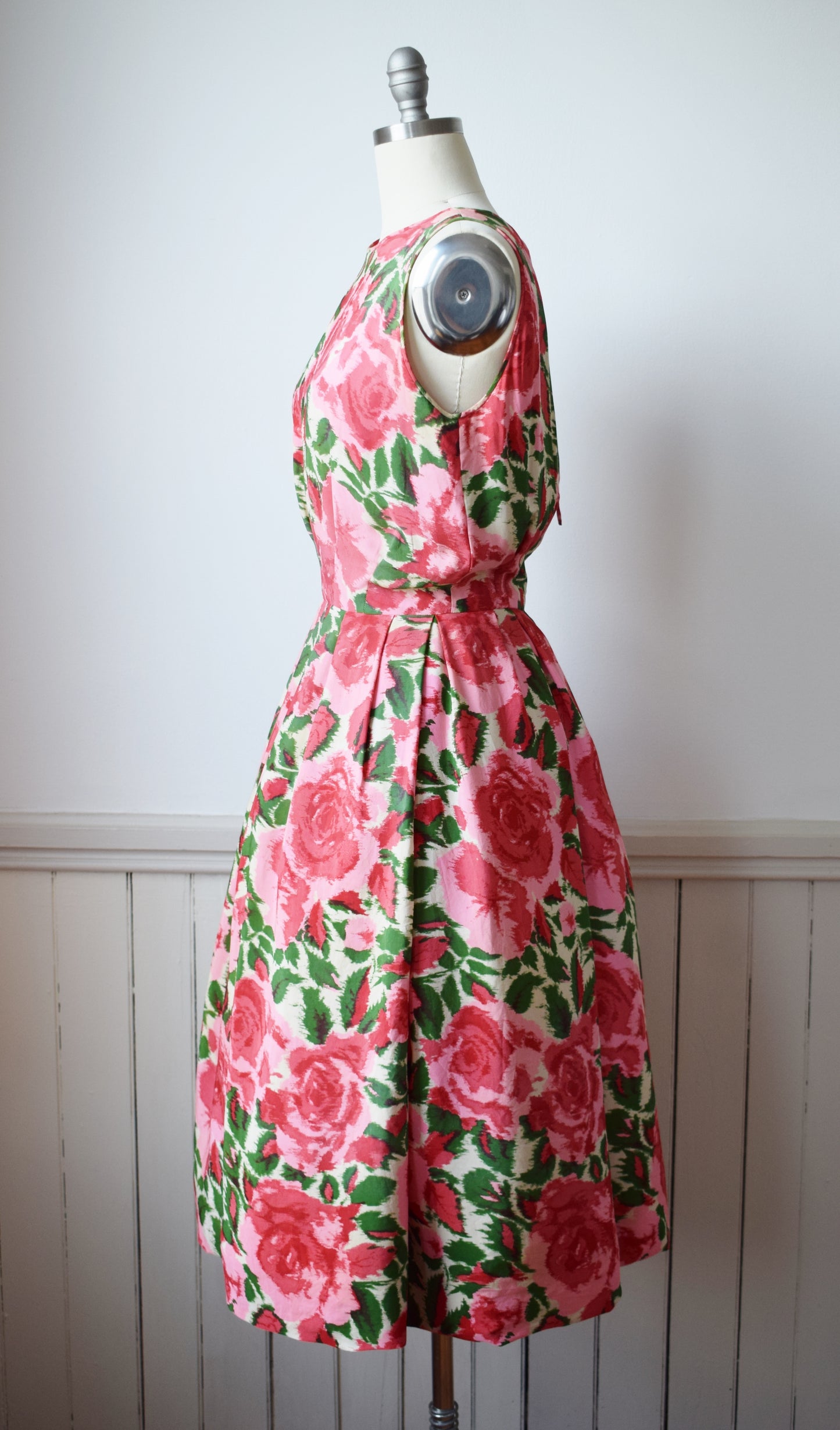 1950s Silk Rose Print Dress | M