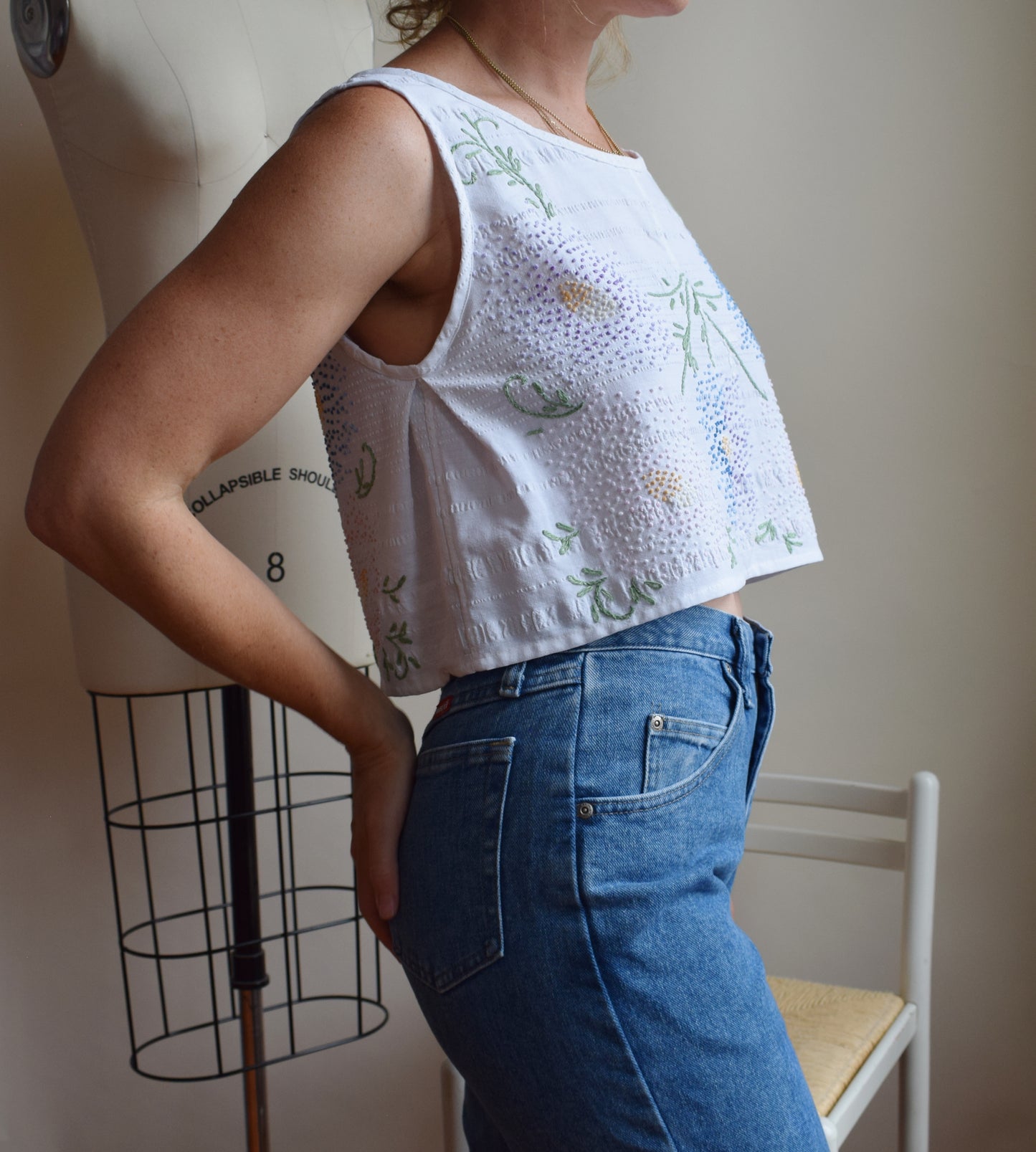 Vintage Embroidered Cotton Top | Pixel Floral | M