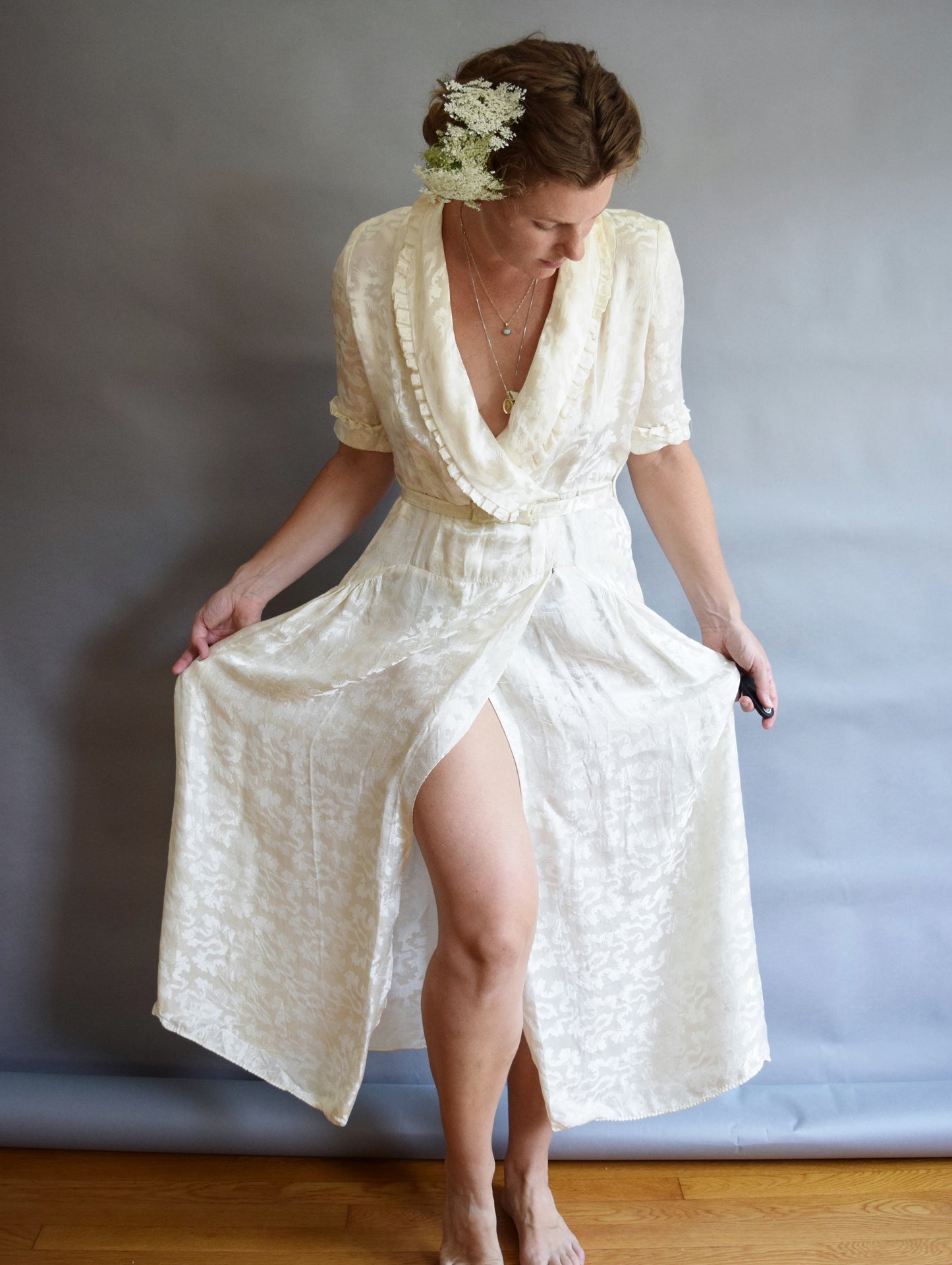 1940s Cream Satin Wrap Dress(ing Gown)