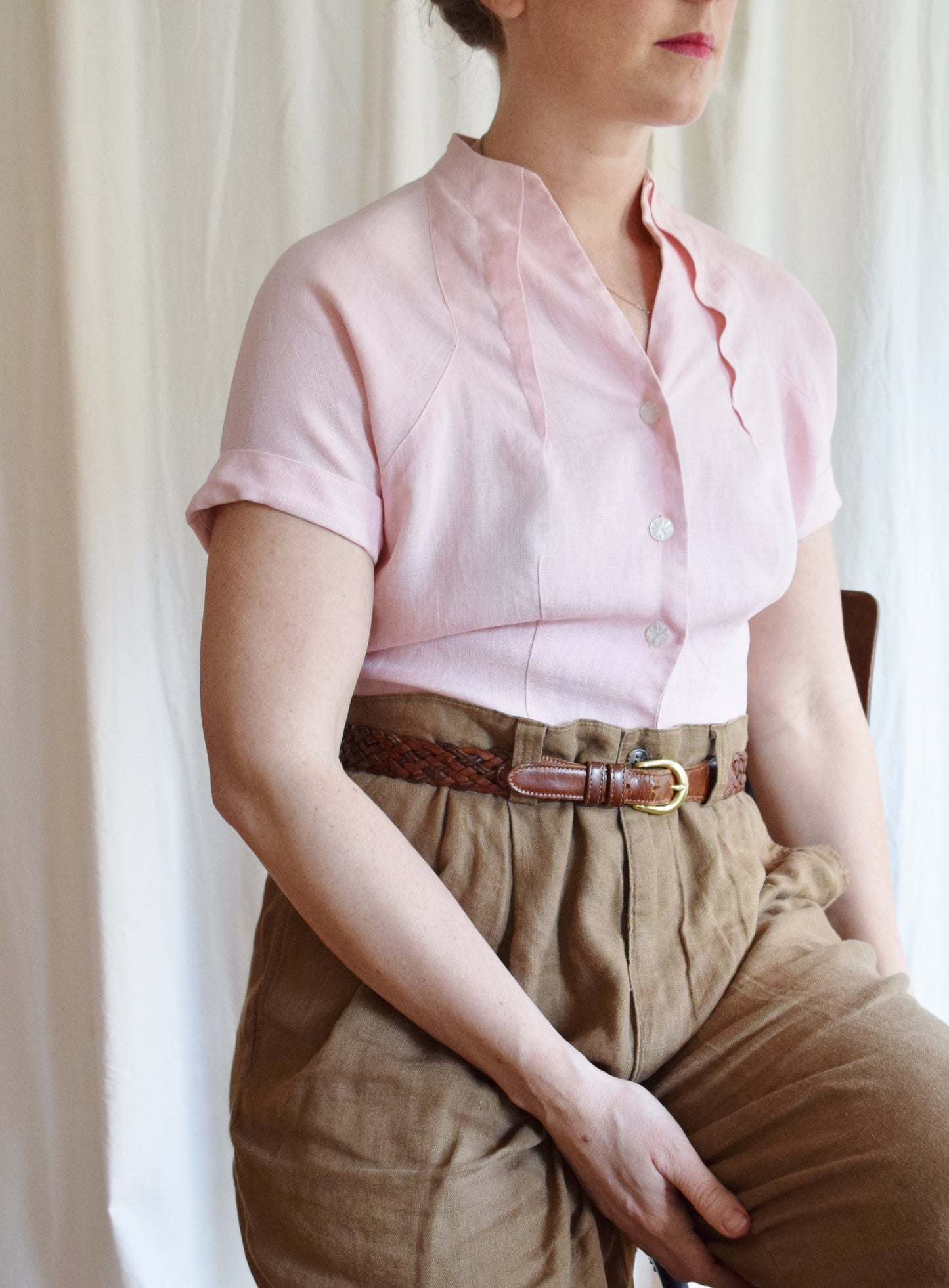 1950s Pink Linen Tailored Blouse