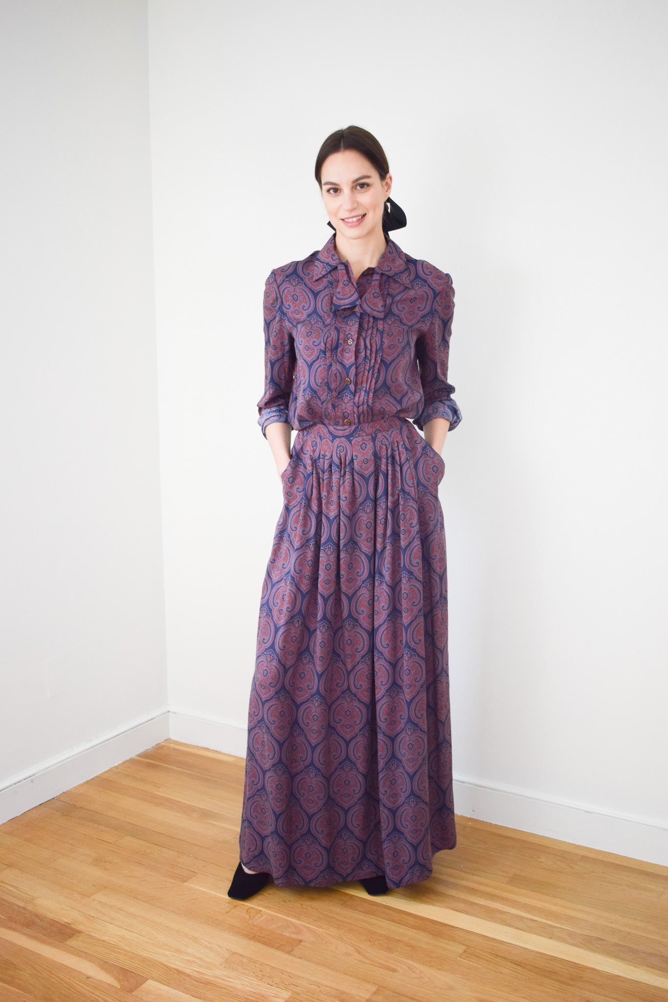 1970s Geoffrey Beene Plum Paisley Silk Dress Set | M