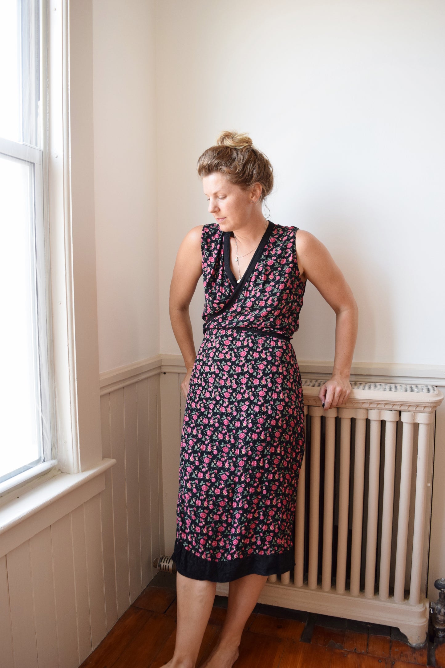1990s Dark Floral Wrap Dress by April Cornell