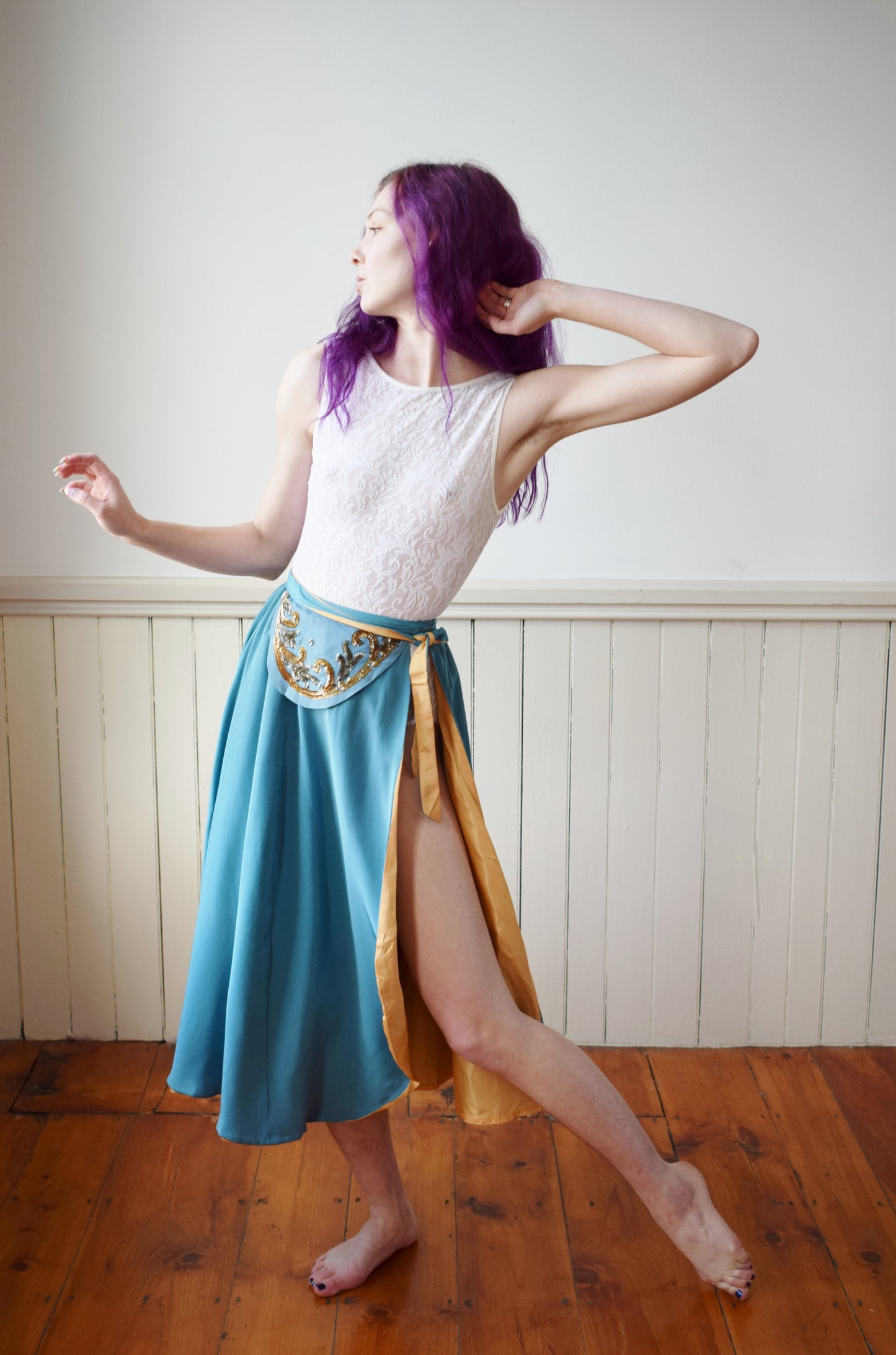 1940s Teal and Gold Wrap Skirt | XXS/XS