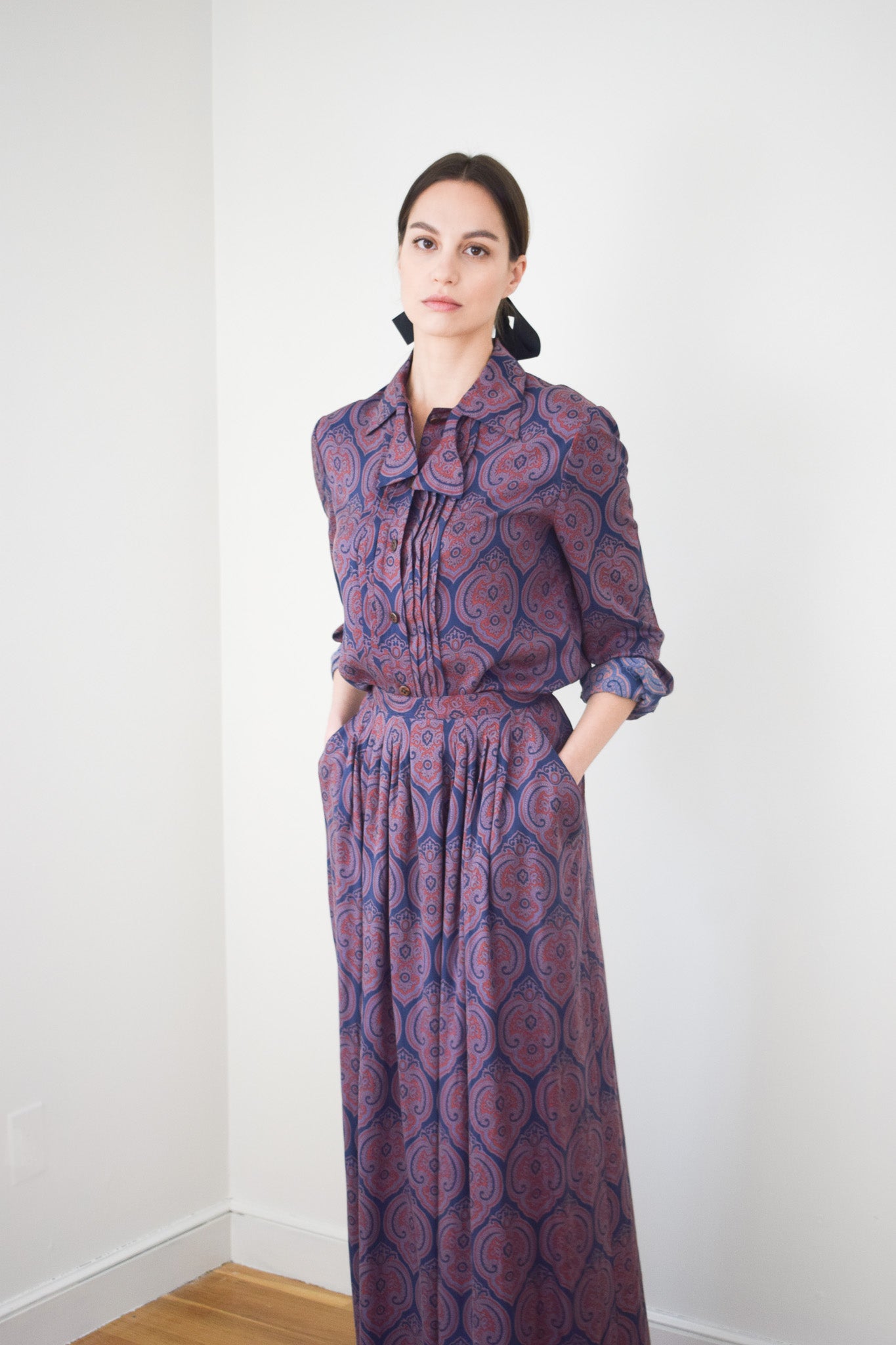 1970s Geoffrey Beene Plum Paisley Silk Dress Set | M