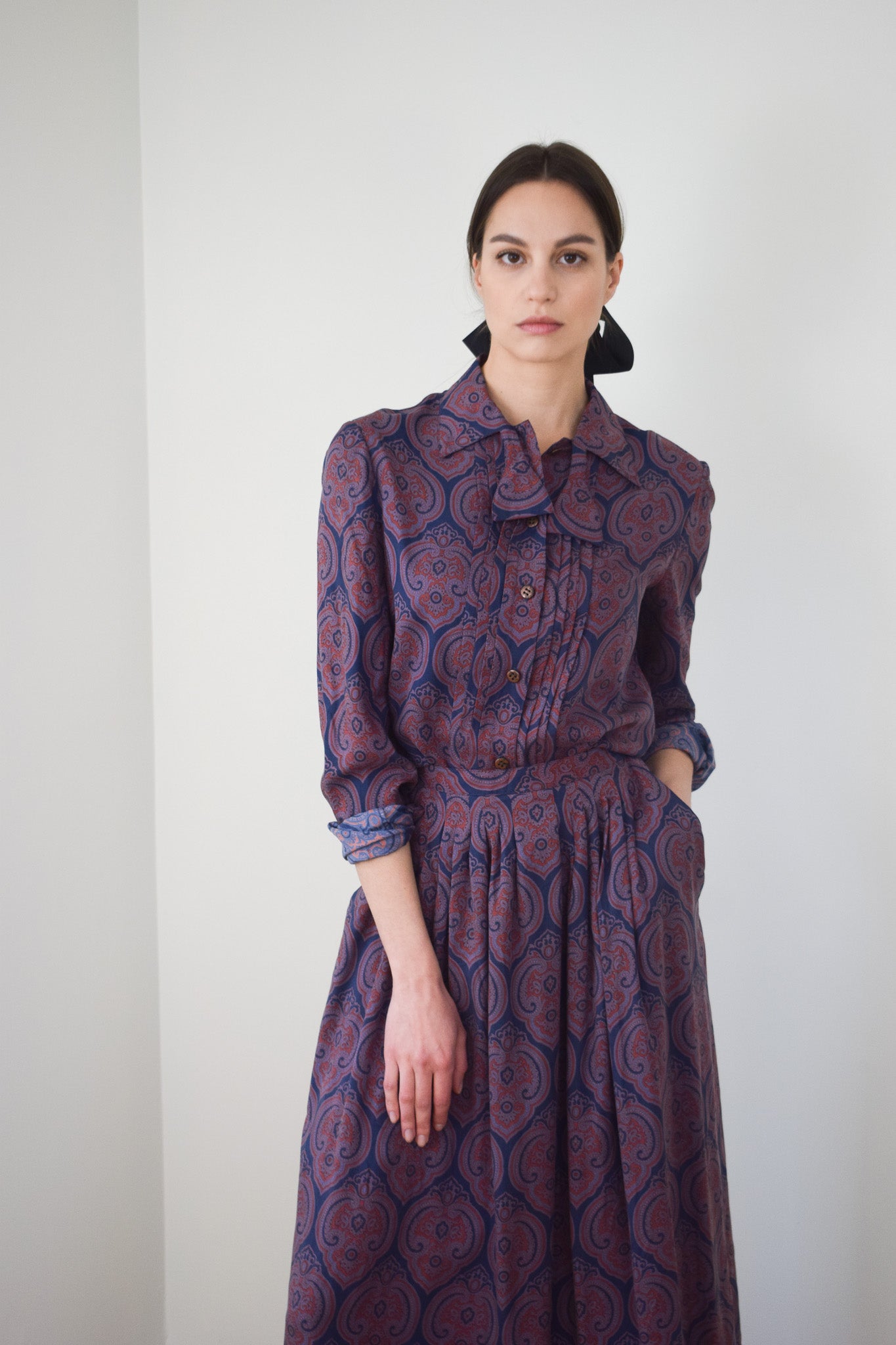 1970s Geoffrey Beene Plum Paisley Silk Dress Set | M
